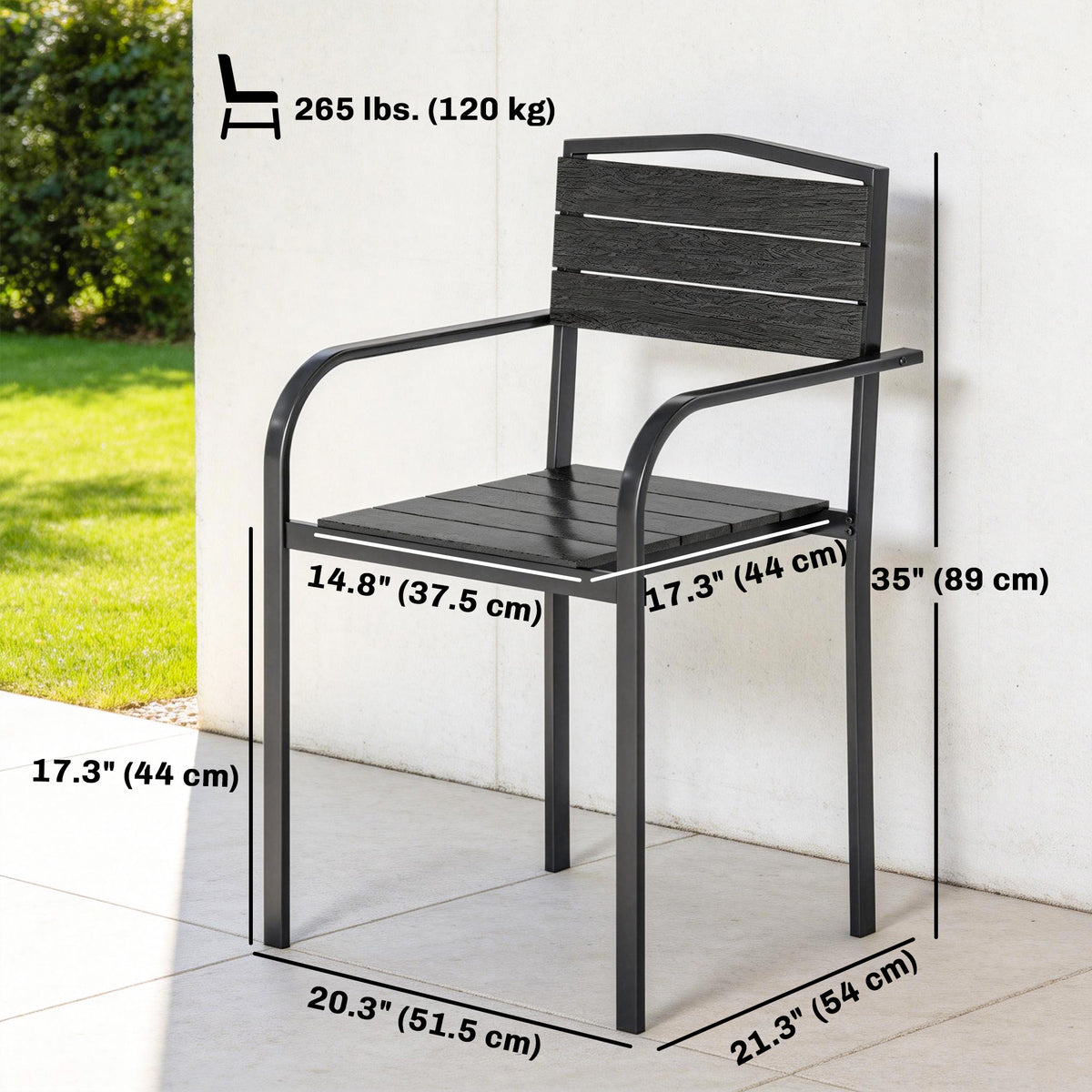 Stackable Patio Chairs Set of 4, Outdoor Dining Chairs with Slatted HDPE Seat, Armrests for Garden, Backyard