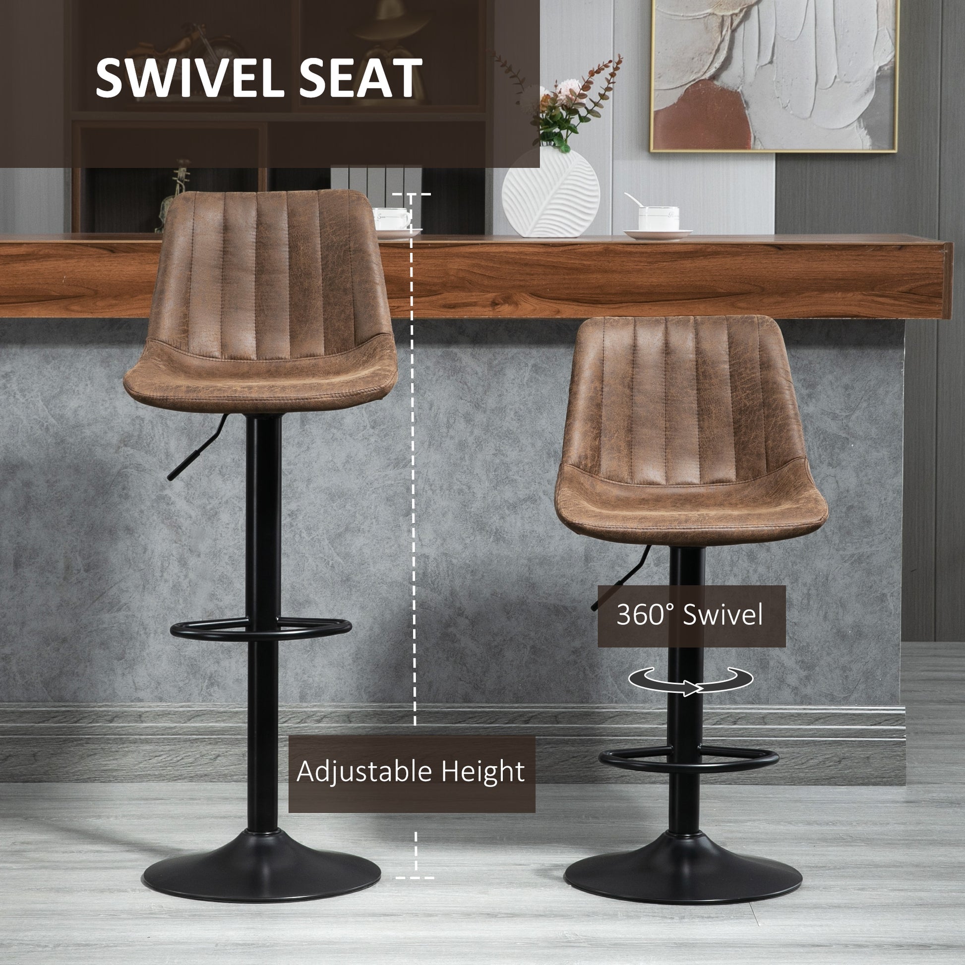 HOMCOM 2-Piece Adjustable Height Swivel Bar Stools with Footrest, Brown Leathaire