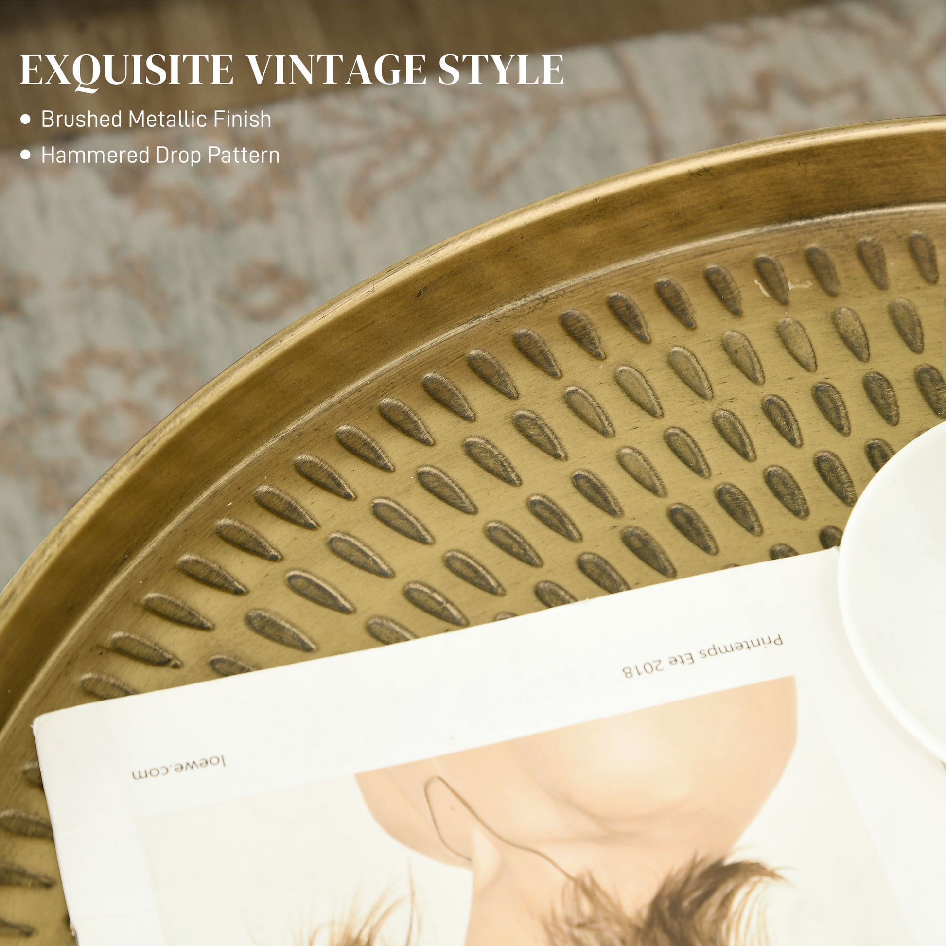 Vintage Gold Round Coffee Table: Hammered Tray Top, Durable Metal Frame