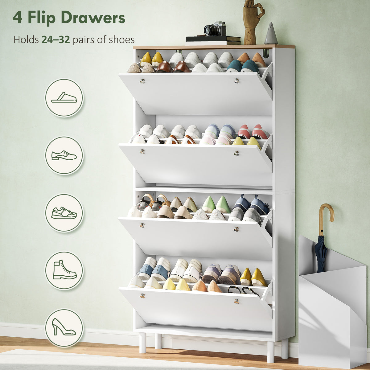 Narrow Shoe Cabinet with 4 Flip Drawers – 31"W x 62"H