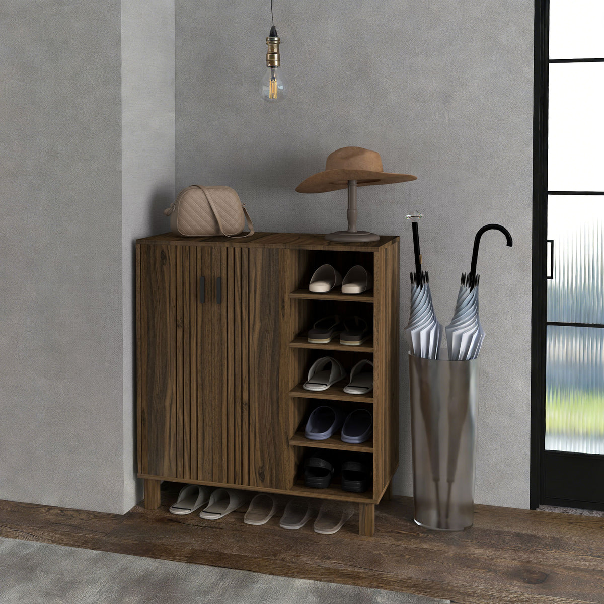 Shoe Cabinet with Double Doors and Open Shelves – 32"W x 35"H