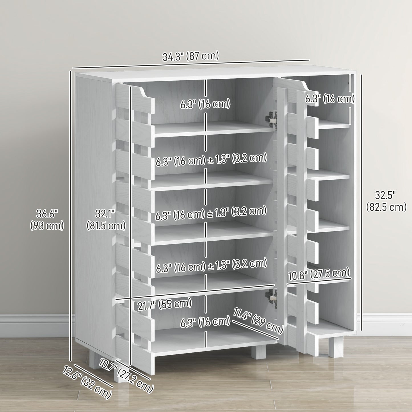 HOMCOM White 5-Tier Shoe Cabinet Organizer: Double Door & Open Shelves