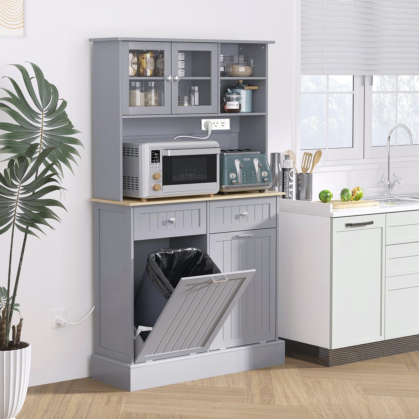 HOMCOM Kitchen Cabinet with Charging Station Freestanding Grey