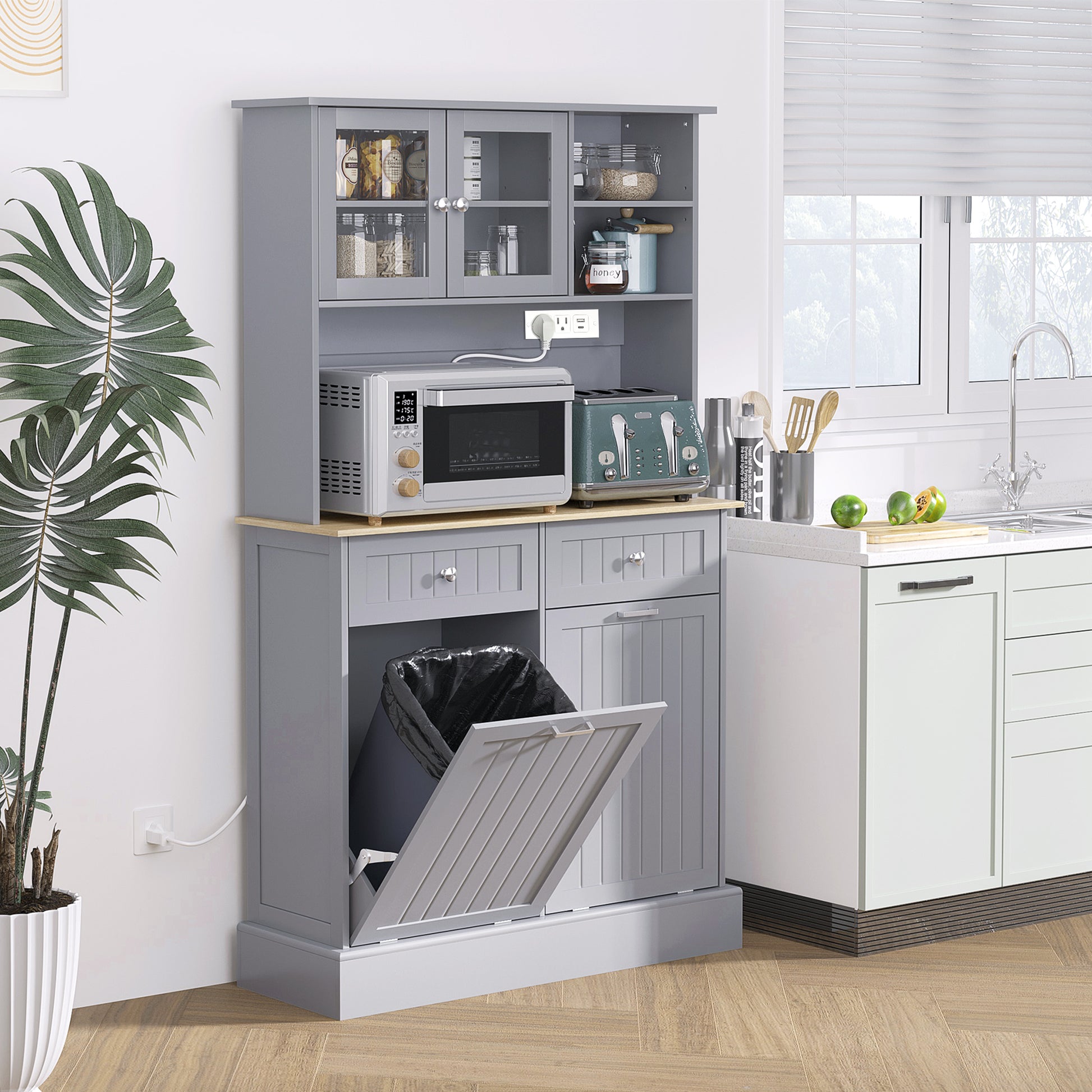 HOMCOM Kitchen Cabinet with Charging Station Freestanding Grey