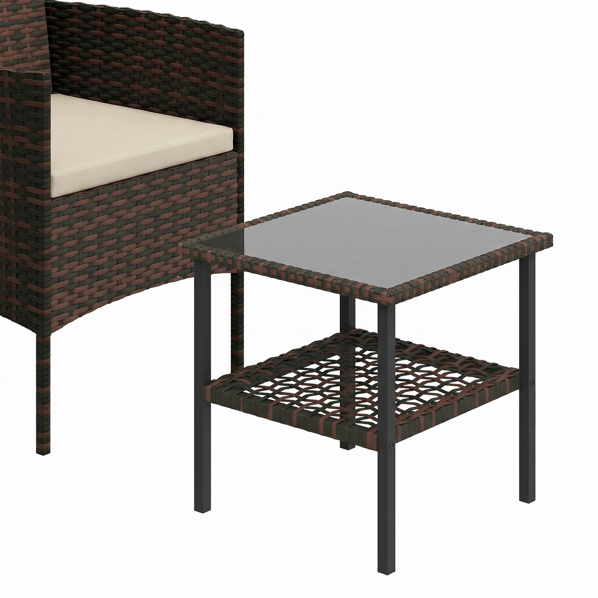 Wicker Bistro Set, 3 Piece Patio Furniture Set with 2-Tier Glass Top Table, Cushions for Balcony, Porch – Khaki – Khaki