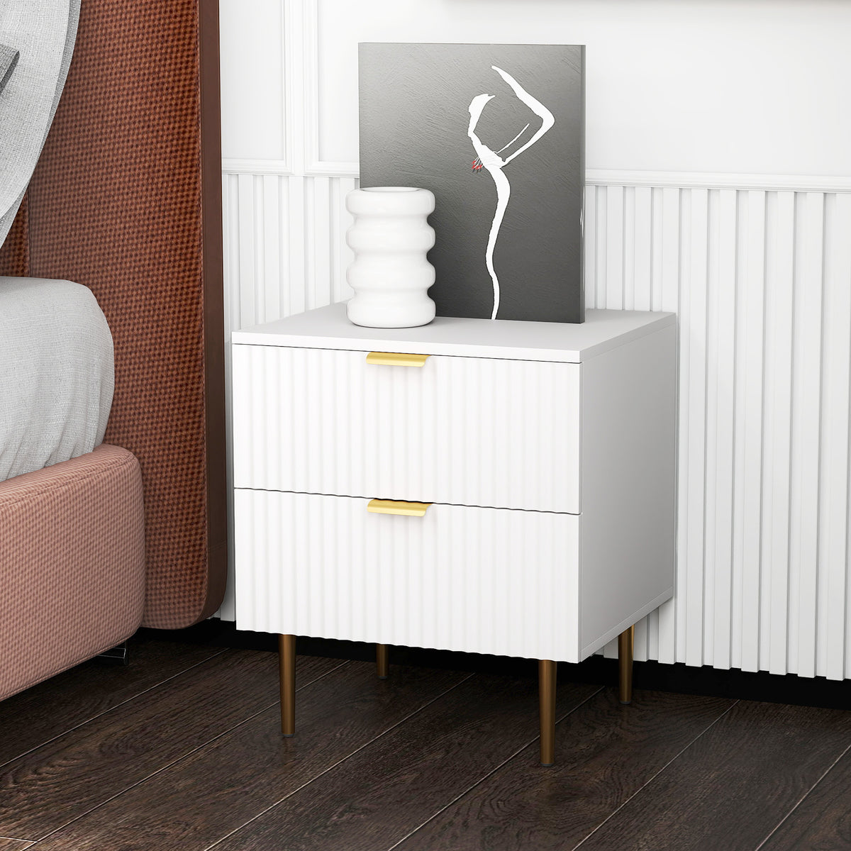 Modern 2-Drawer Nightstand with Metal Legs – 19"W x 22"H