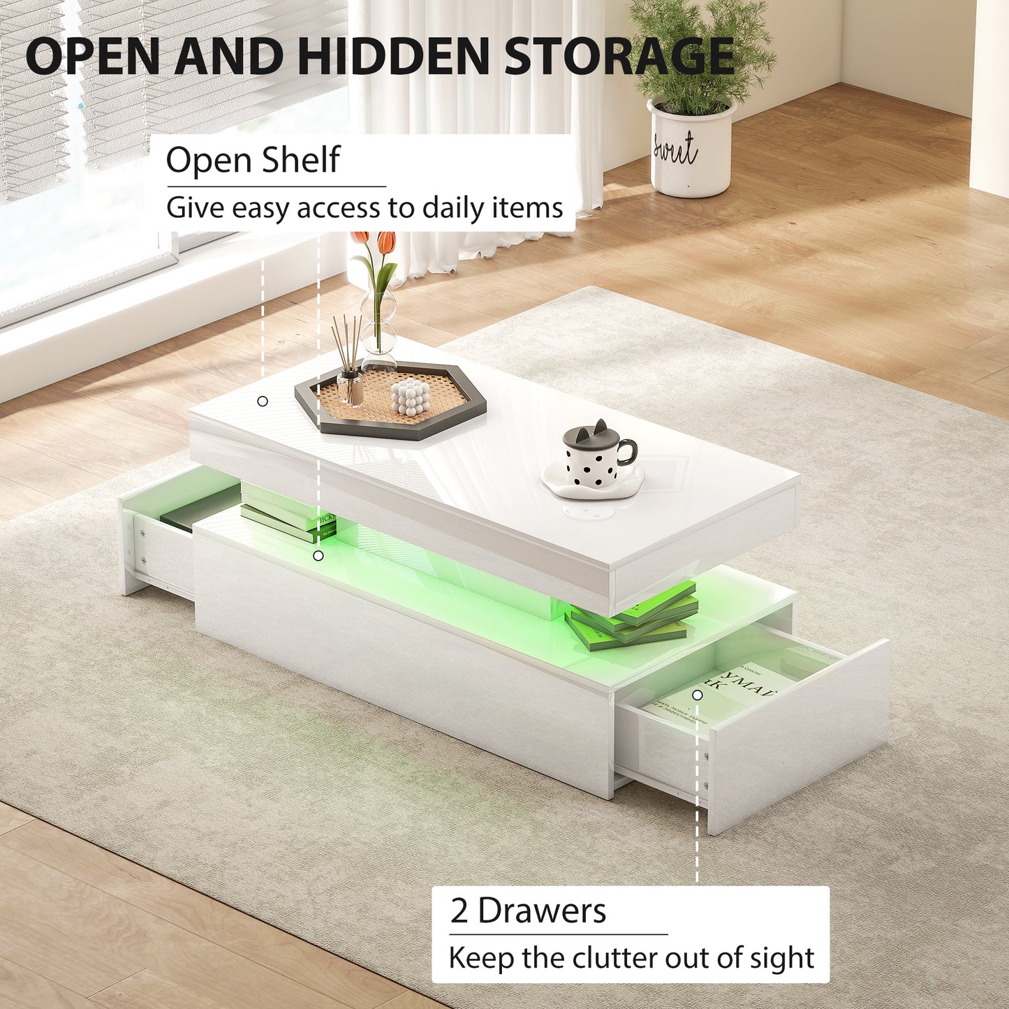 HOMCOM Modern High Gloss White LED Coffee Table with Two Drawers Storage