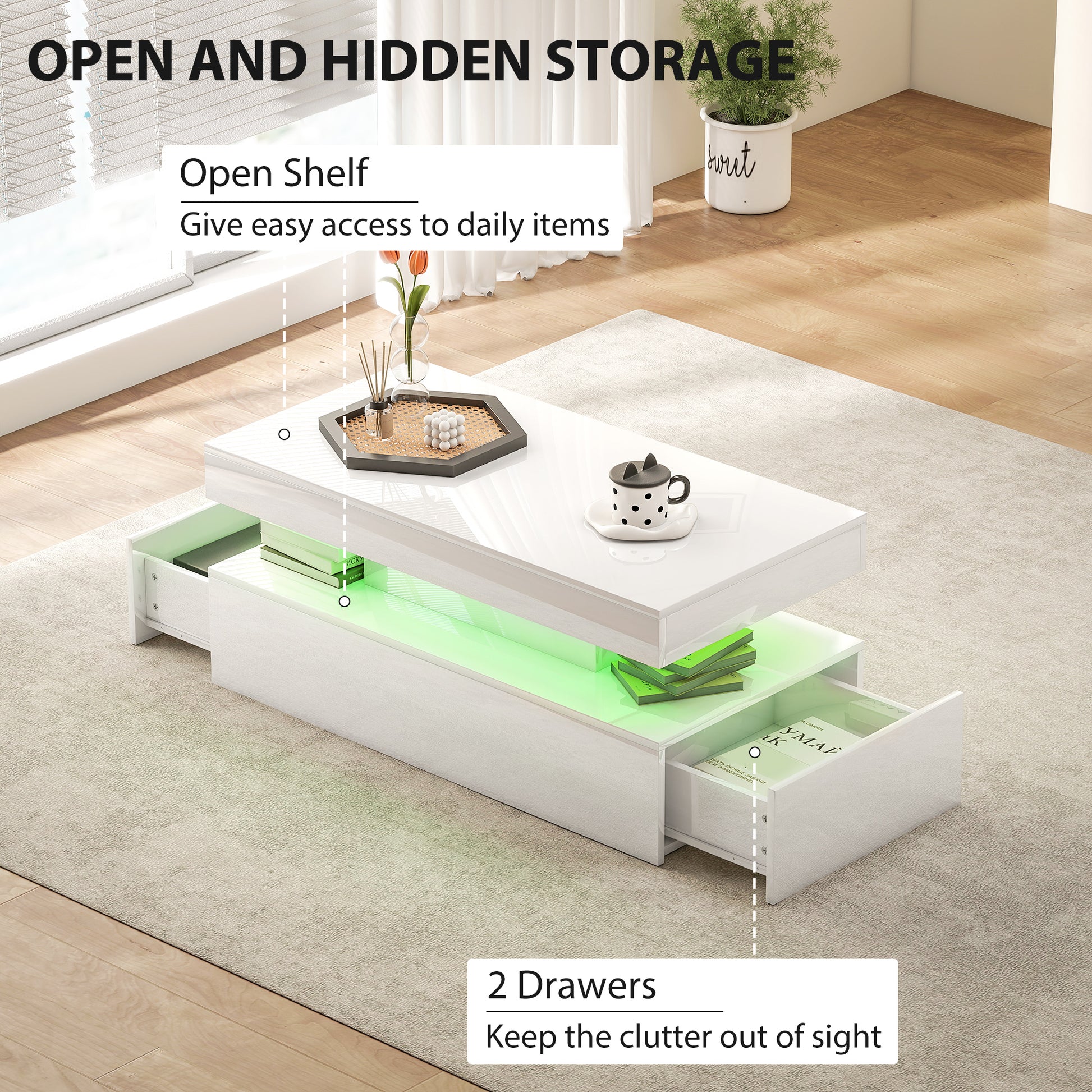 HOMCOM Modern High Gloss White LED Coffee Table with Two Drawers Storage
