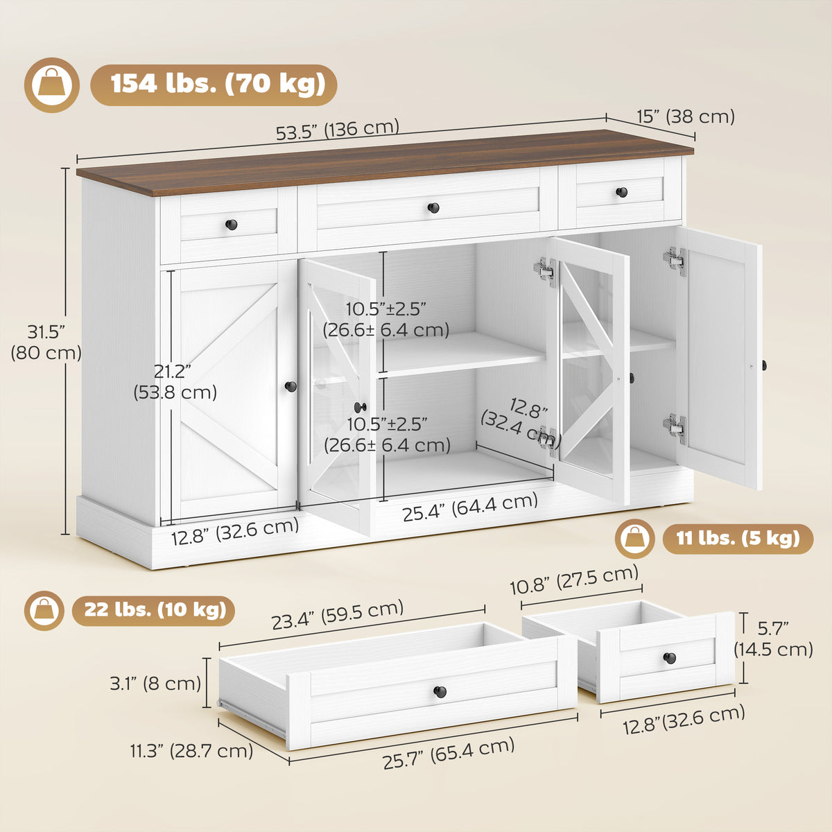 Farmhouse Kitchen Storage Cabinet with Acrylic Barn Doors and 3 Drawers – 54"W x 31"H