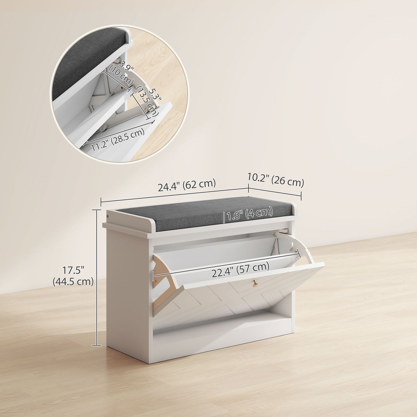 HOMCOM Upholstered Hallway Shoe Storage Bench with Flip Drawer, Adjustable Shelf