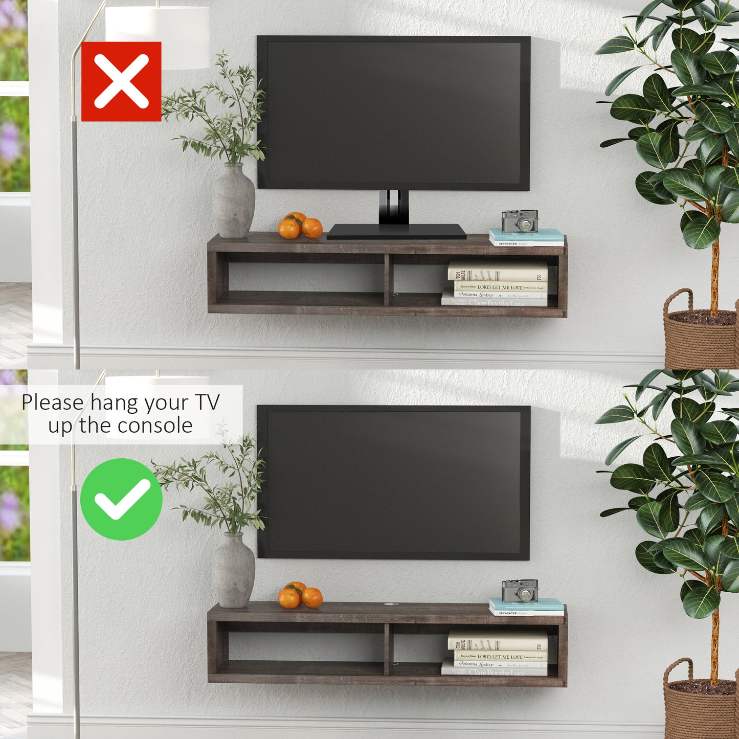 HOMCOM Modern Floating Wall Mounted TV Media Console Shelf Dark Grey Wood