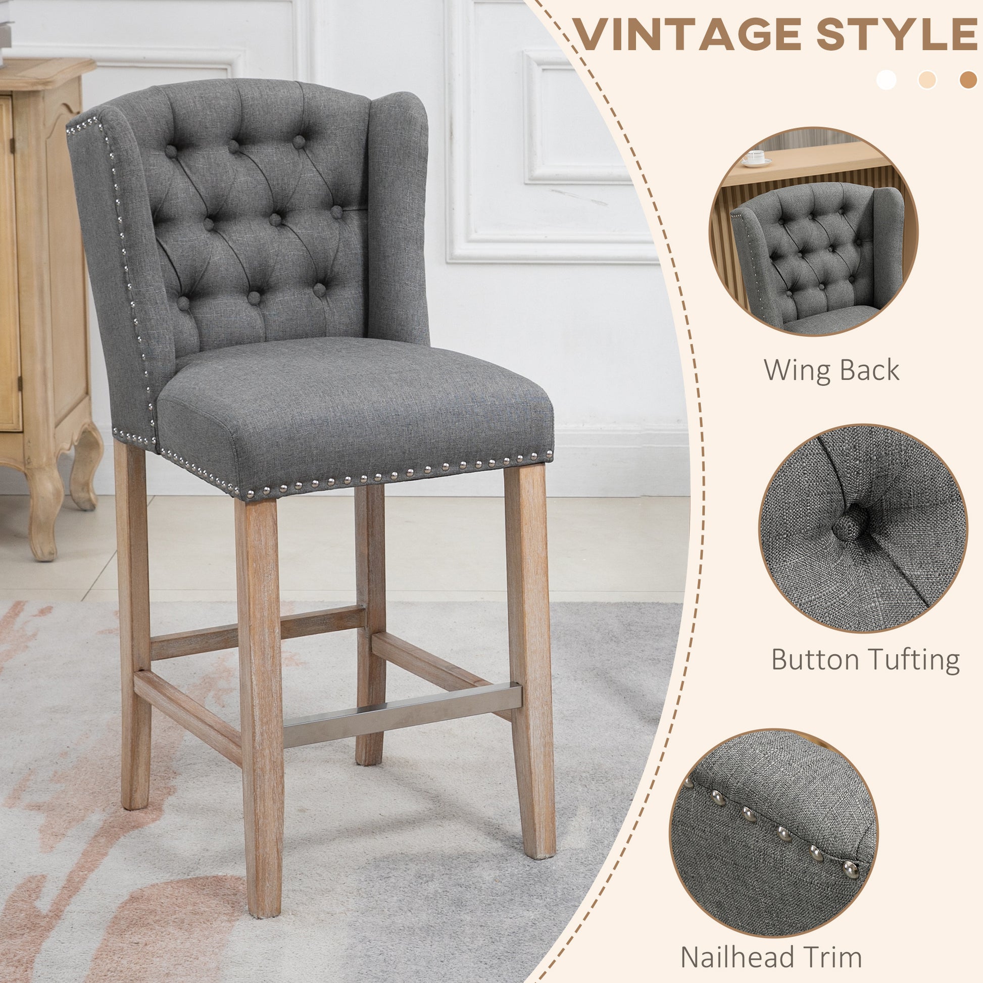 HOMCOM 2-Piece Grey Upholstered Counter Height Bar Stools, Nailhead Backrest