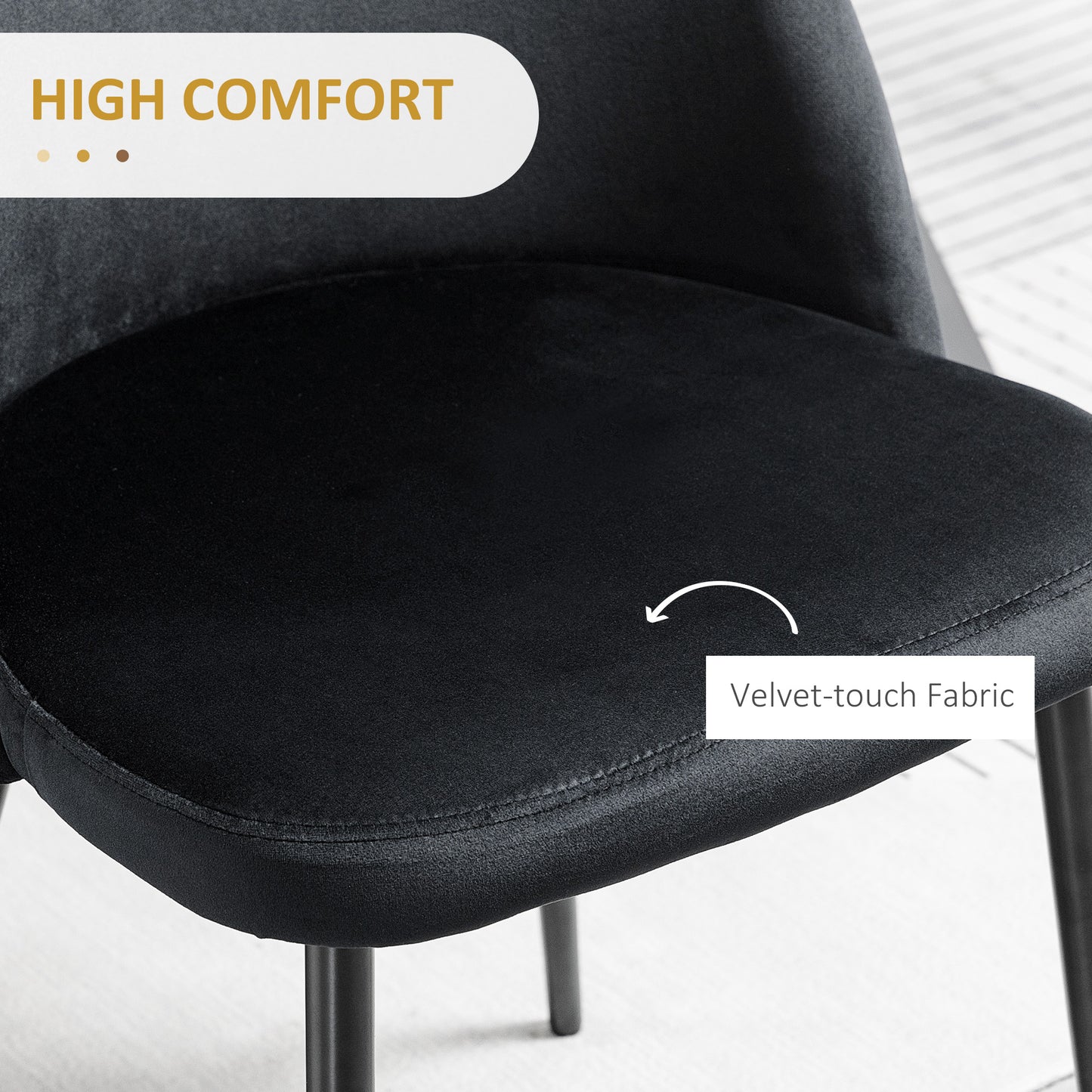 Modern Velvet Mid-Back Dining Chairs Set of 4, Black Upholstery, Sturdy Metal Legs