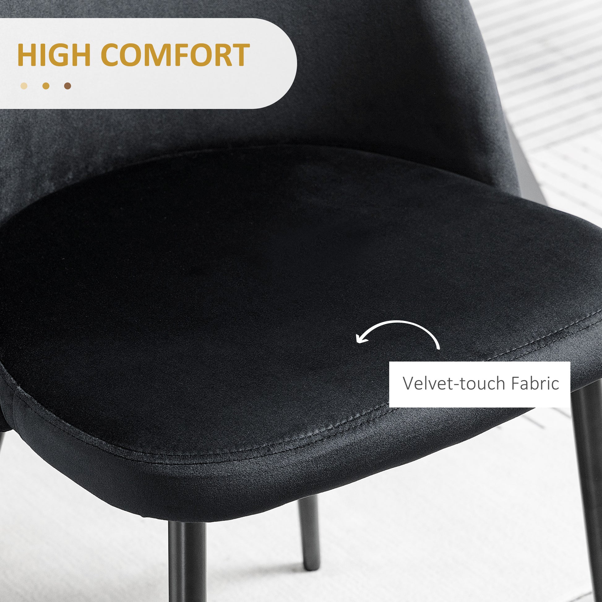 Modern Velvet Mid-Back Dining Chairs Set of 4, Black Upholstery, Sturdy Metal Legs