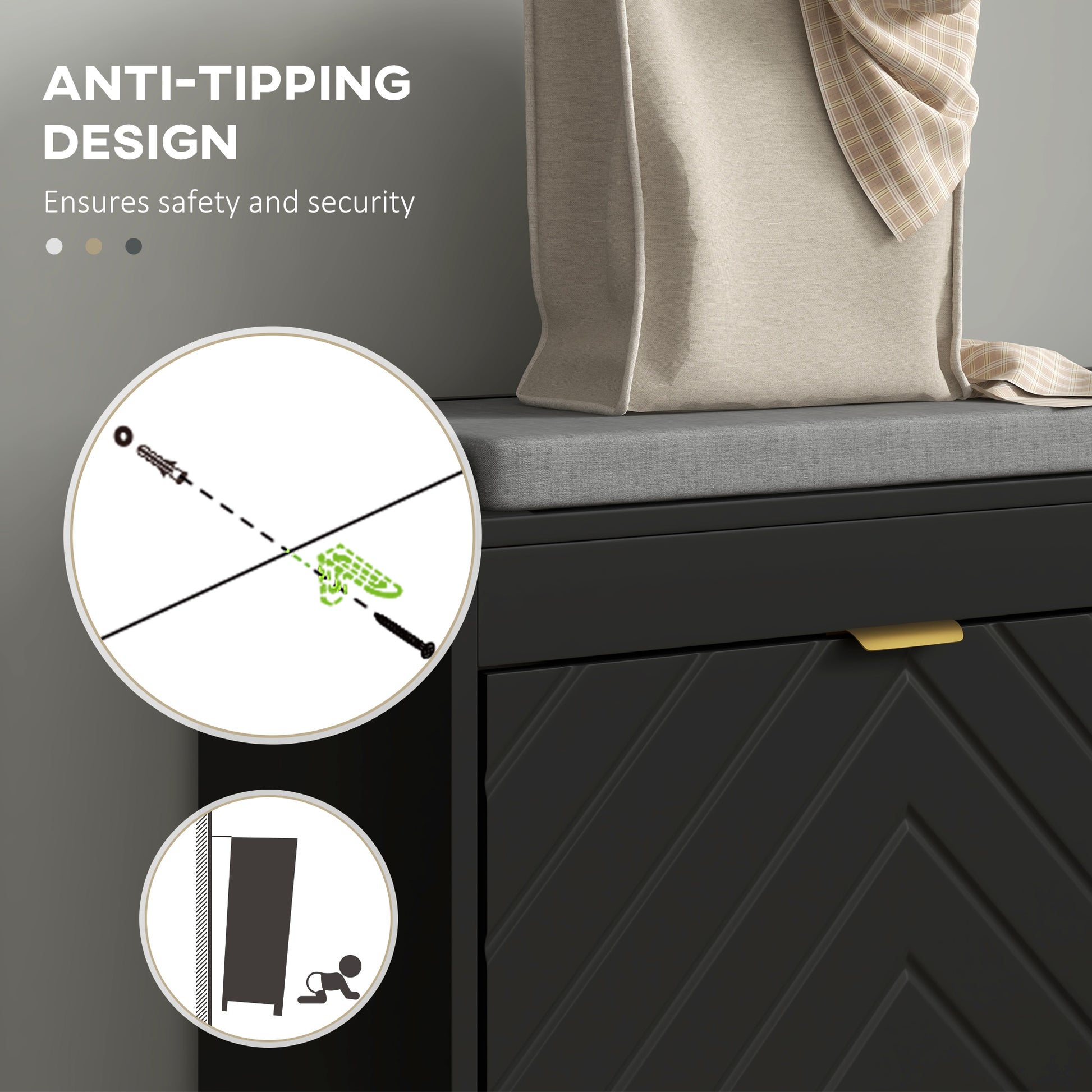 Modern Upholstered Hallway Shoe Storage Bench with Flip Drawers & Vents