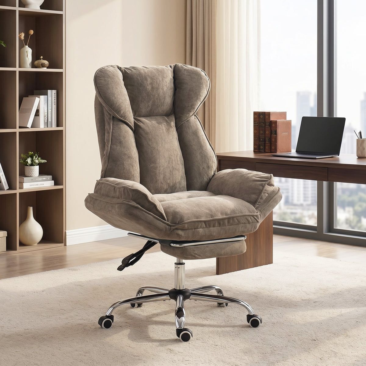 Big and Tall Office Chair with Footrest, High Back Snowflake Velvet Reclining Executive Desk Chair, Brown