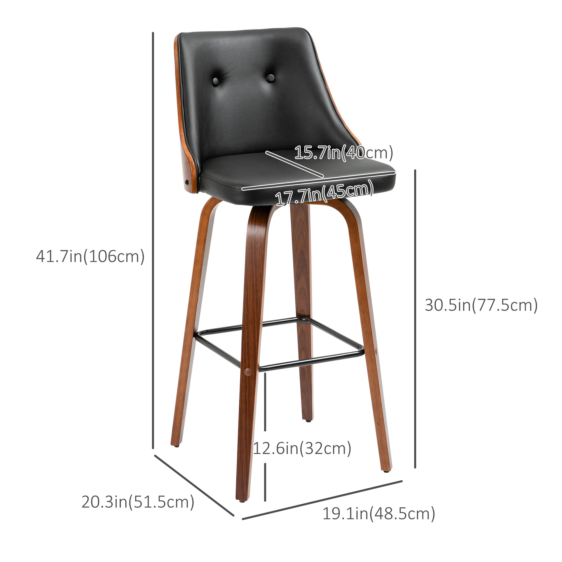 HOMCOM Bar Stools Set of 2 Black PU Leather