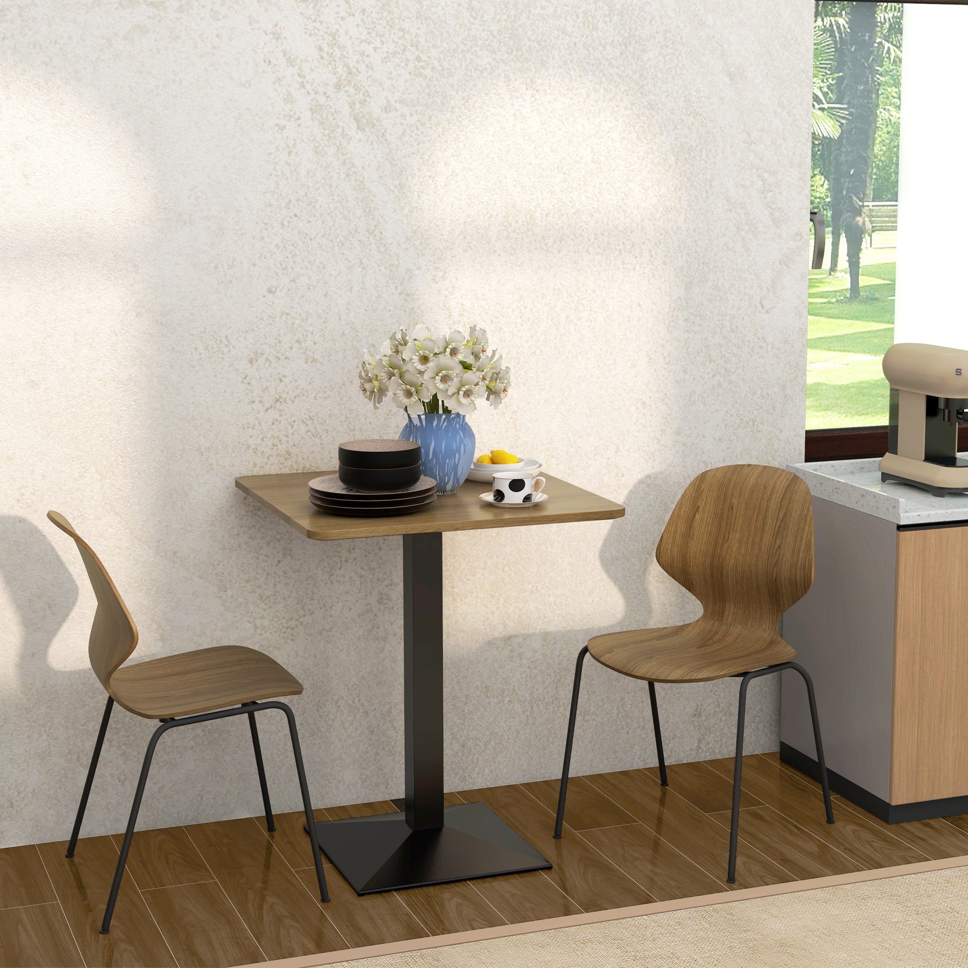 HOMCOM Modern 28" Square Dining Table Steel Base, Small Kitchen, Dark Brown