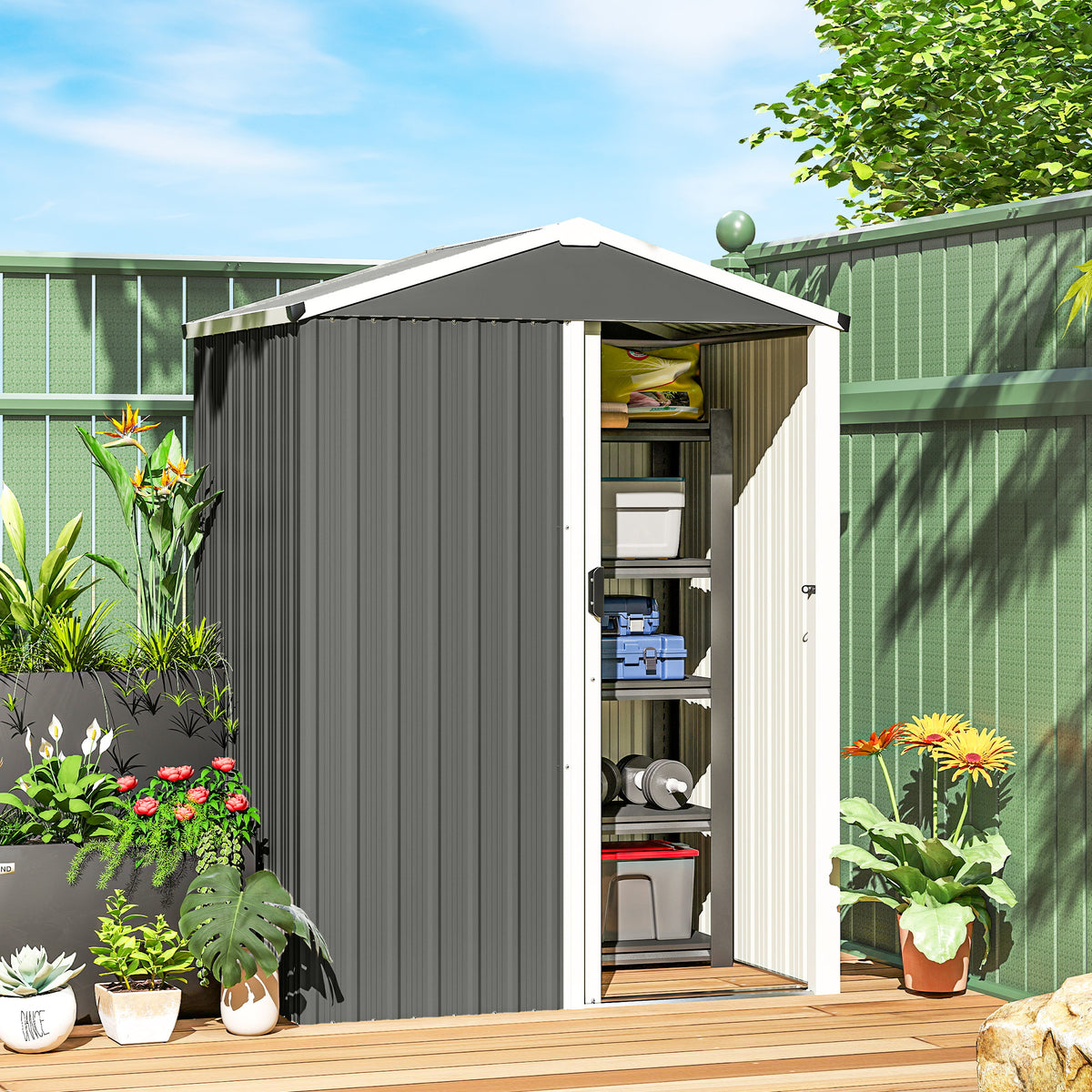 4.5 x 3ft Outdoor Storage Shed, Waterproof Metal Garden Shed with Lockable Door for Backyard, Patio, Lawn – Light Grey