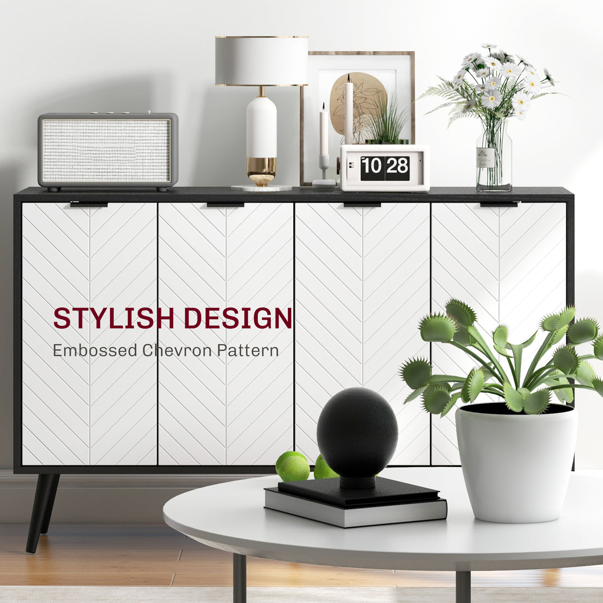 Modern Sideboard and Buffet with Adjustable Shelves and 4 Doors – 47"W x 31"H