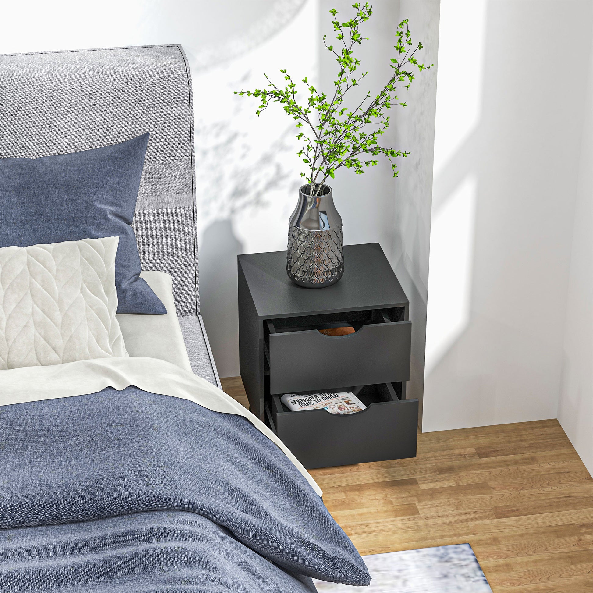 HOMCOM Modern Black Nightstand with Two Drawers, Solid Pine Wood Legs