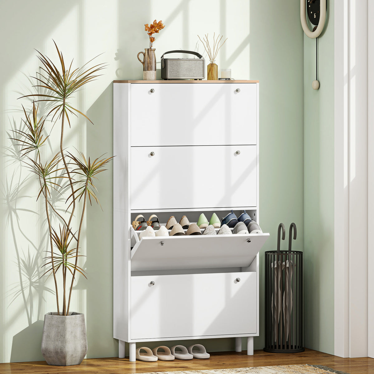 Narrow Shoe Cabinet with 4 Flip Drawers – 31"W x 62"H
