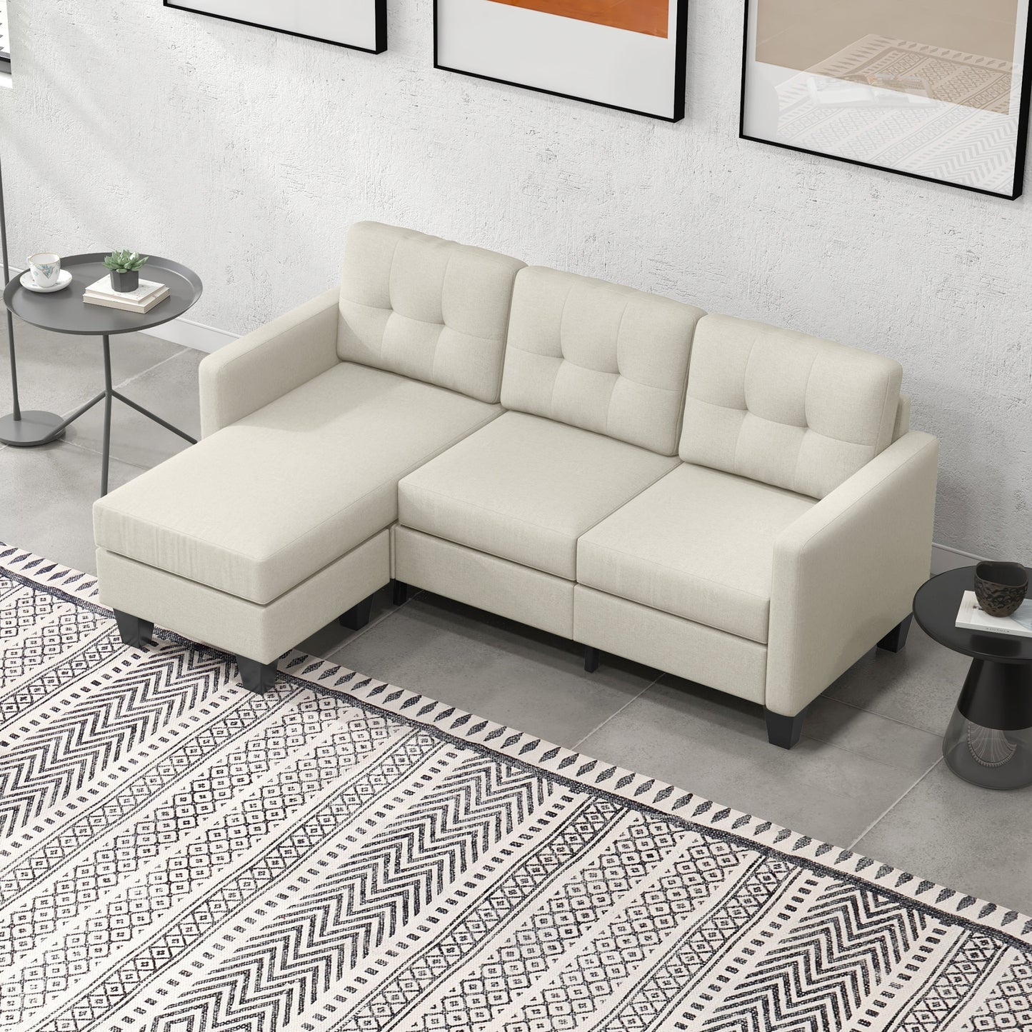 HOMCOM L-Shaped 3-Seater Sectional Sofa with Ottoman, Beige, Sturdy Wood Legs