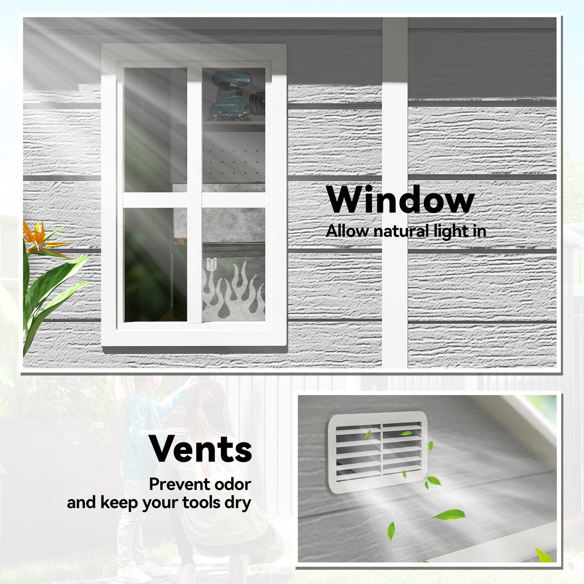6x5 Plastic Garden Shed, Outdoor Storage Shed with Floor, Window, Lockable Doors and Vents