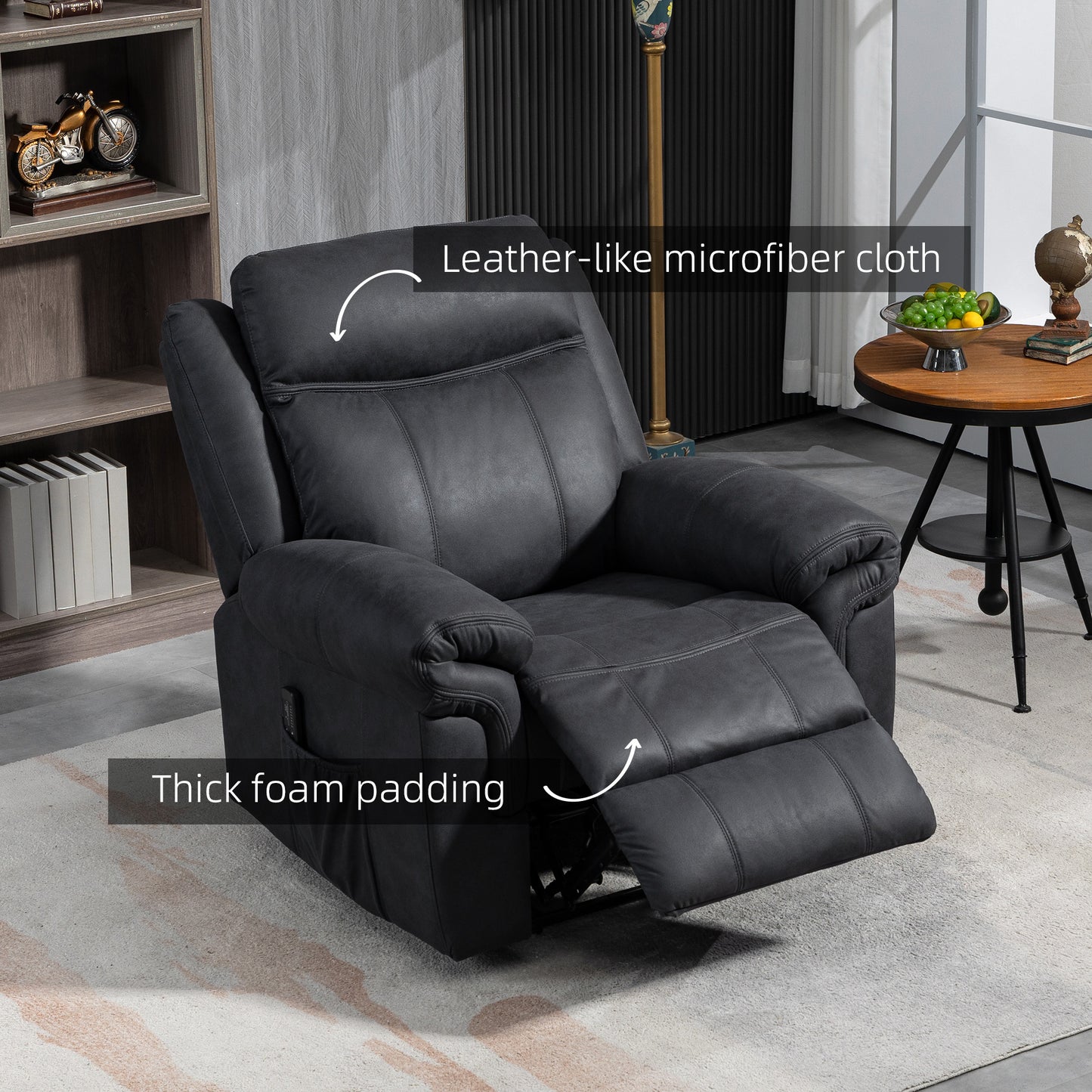 HOMCOM Black Microfiber Manual Recliner Chair with Vibration Massage, Side Pockets