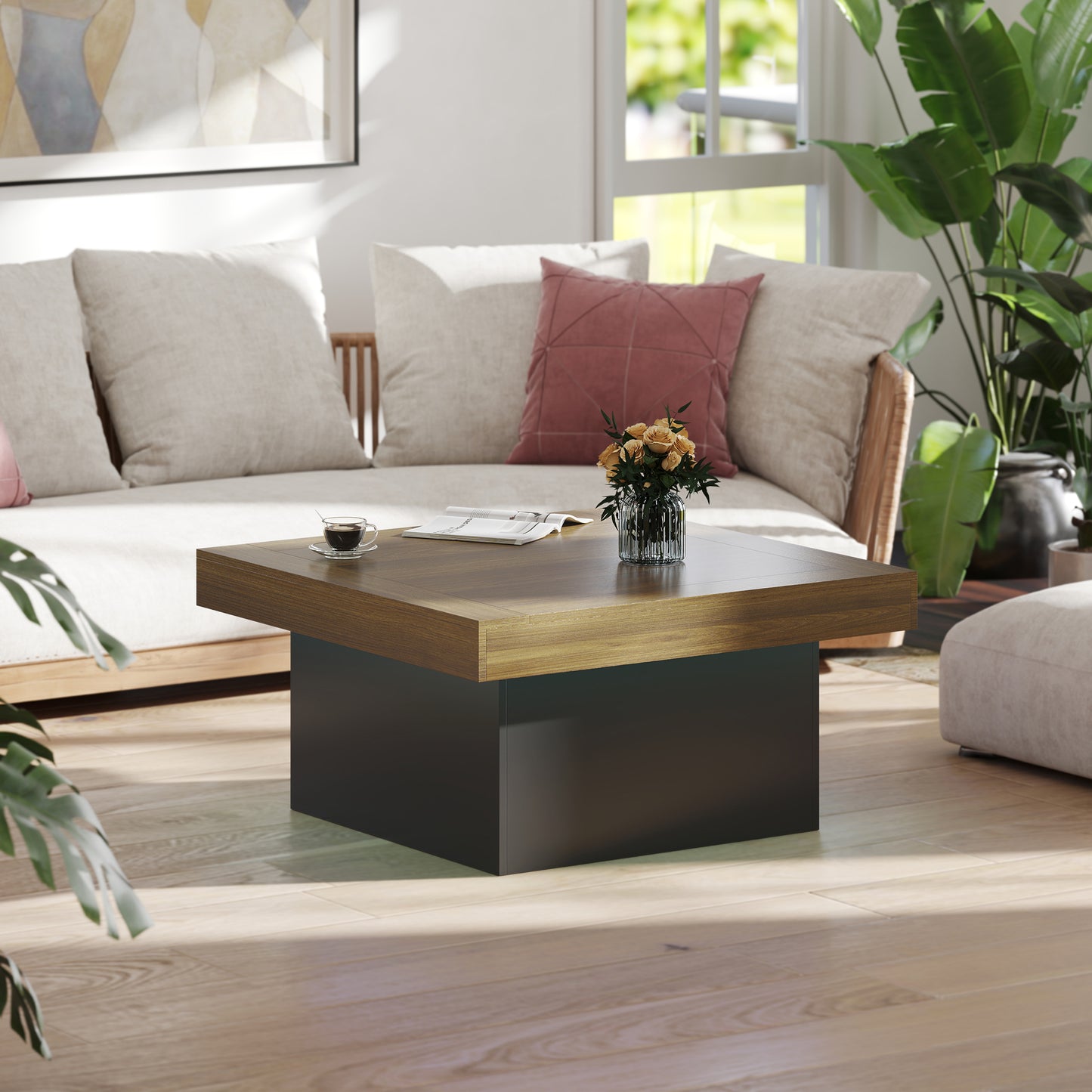 HOMCOM Modern Square Coffee Table with RGB LED Lights, Walnut Finish