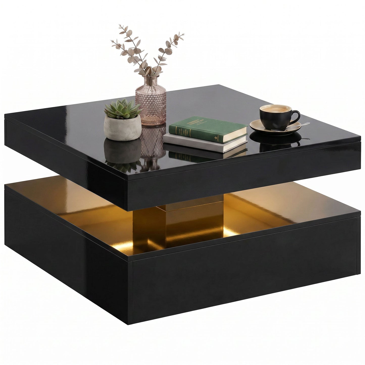 HOMCOM LED Coffee Table with Storage 2-Tier High Gloss Black
