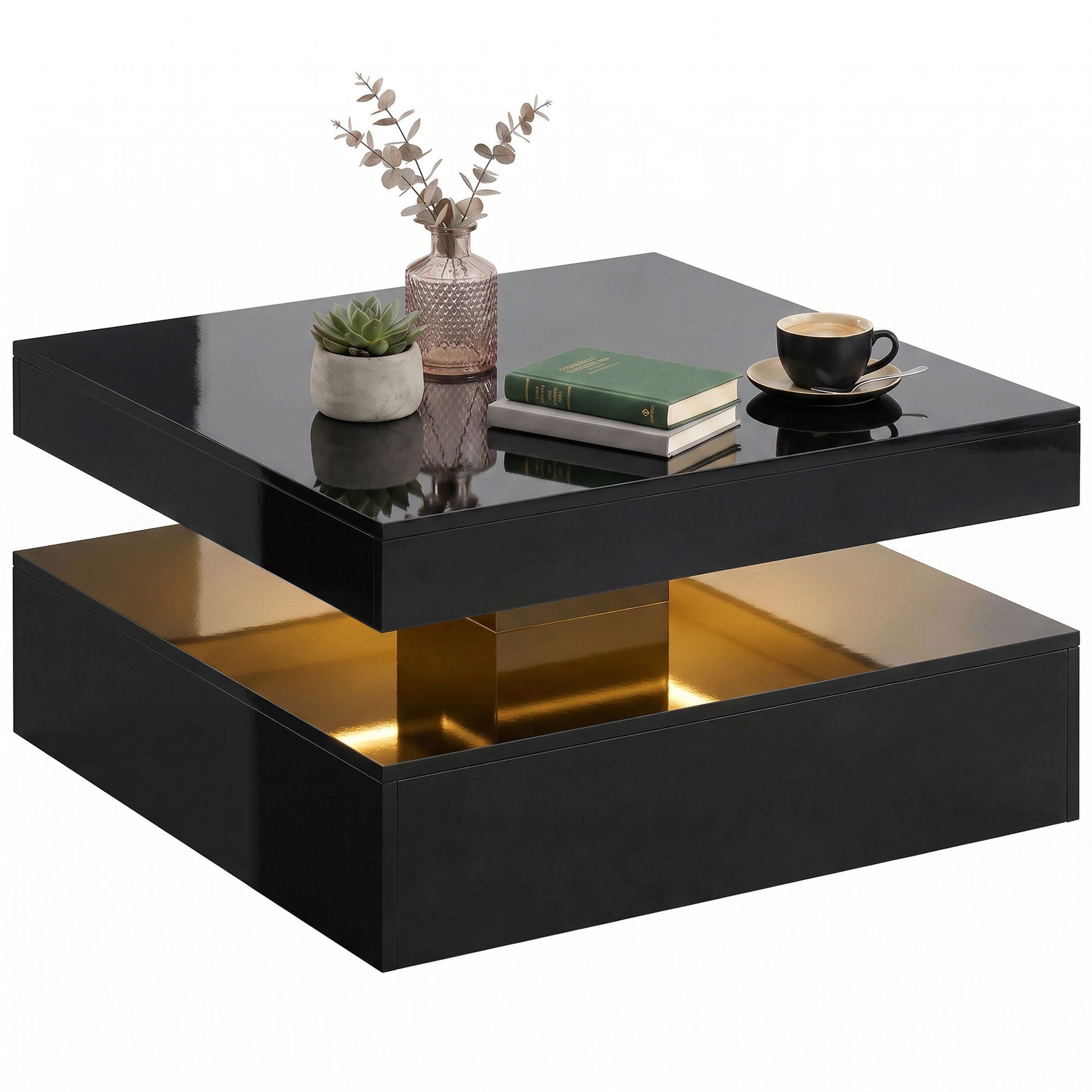 HOMCOM LED Coffee Table with Storage 2-Tier High Gloss Black