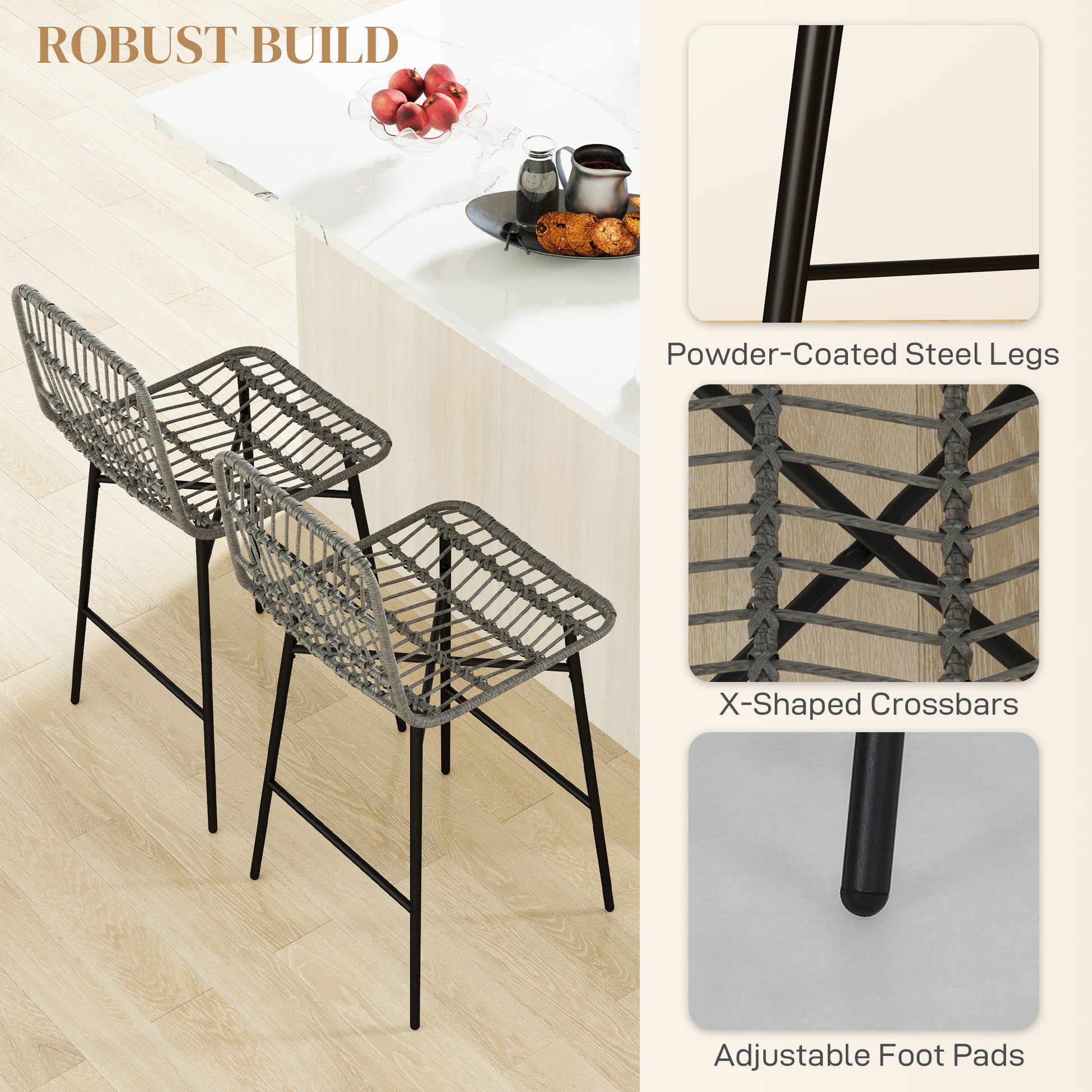 HOMCOM Modern Grey Rattan 26-inch Counter Height Bar Stools Set of 2