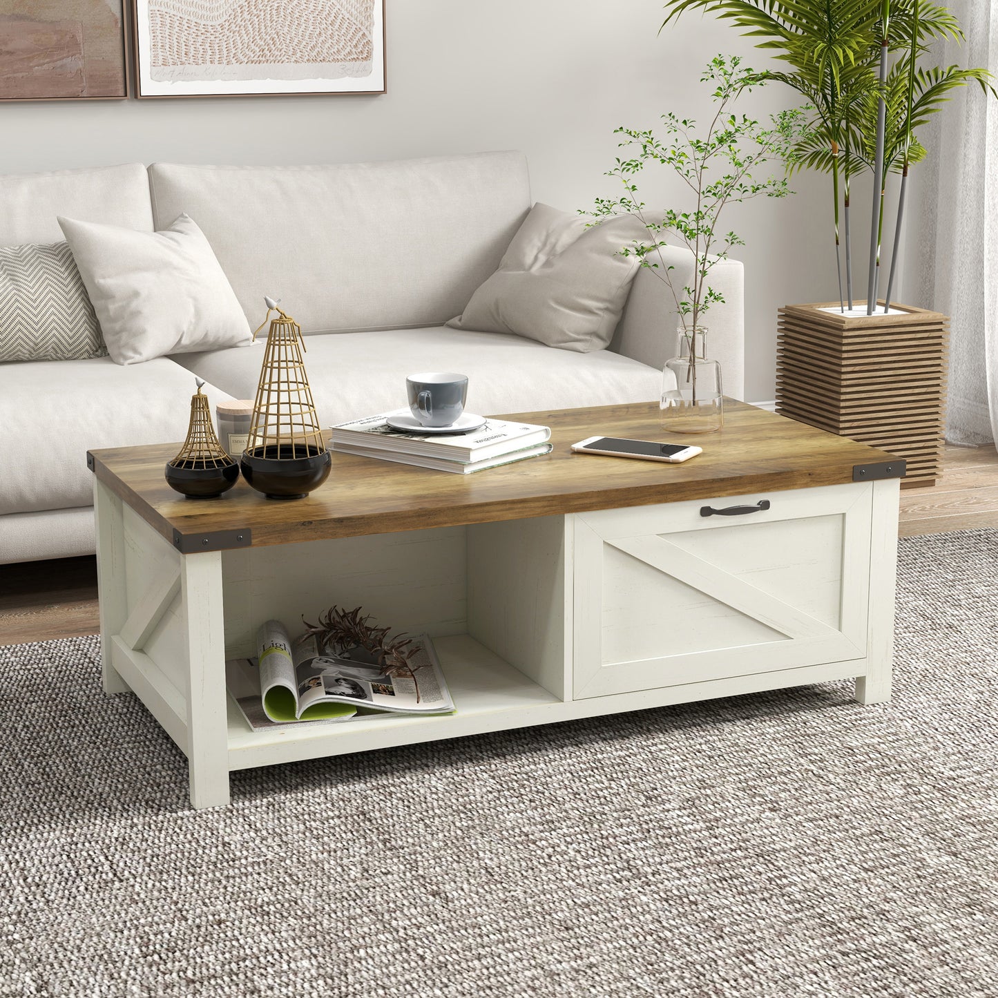 HOMCOM Industrial Farmhouse Coffee Table: Drawer, Open Storage, Modern Style