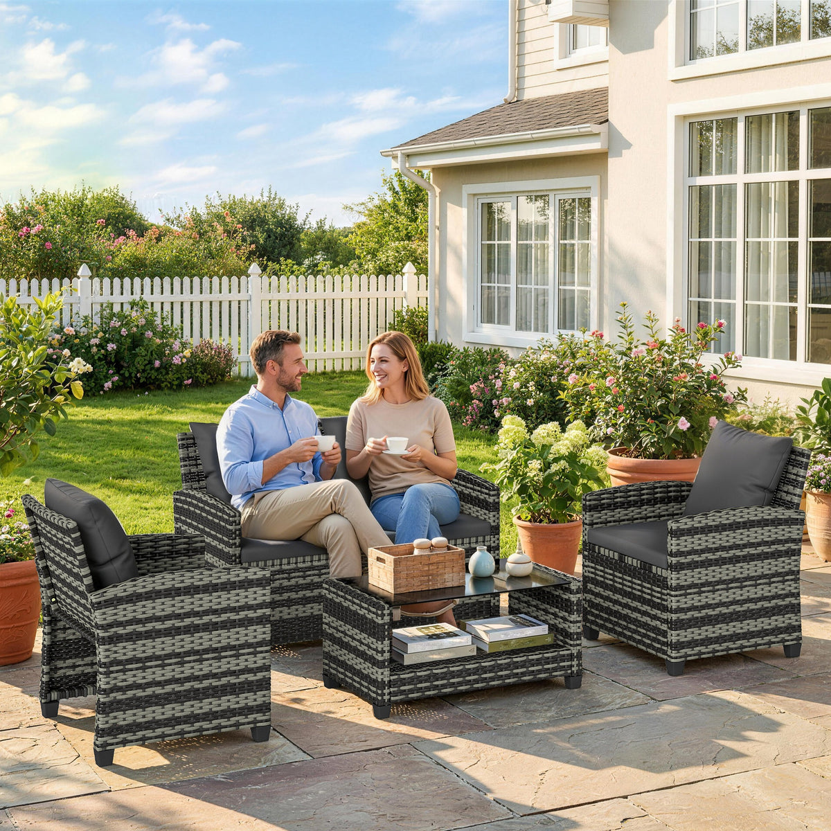 4-Piece Outdoor Wicker Patio Furniture Conversation Set, Includes Loveseat, Chairs and 2-Tier Table with Cushions, Modern Rattan Sofa Set for Backyard – Dark Grey