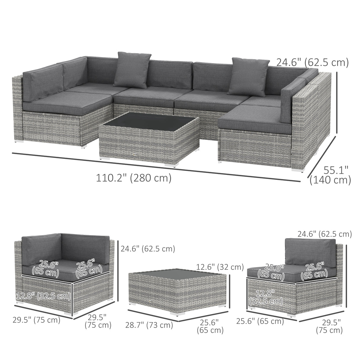 7 Pieces Outdoor Rattan Furniture Set, Patio Wicker Sectional Conversation Sofa Set – Grey