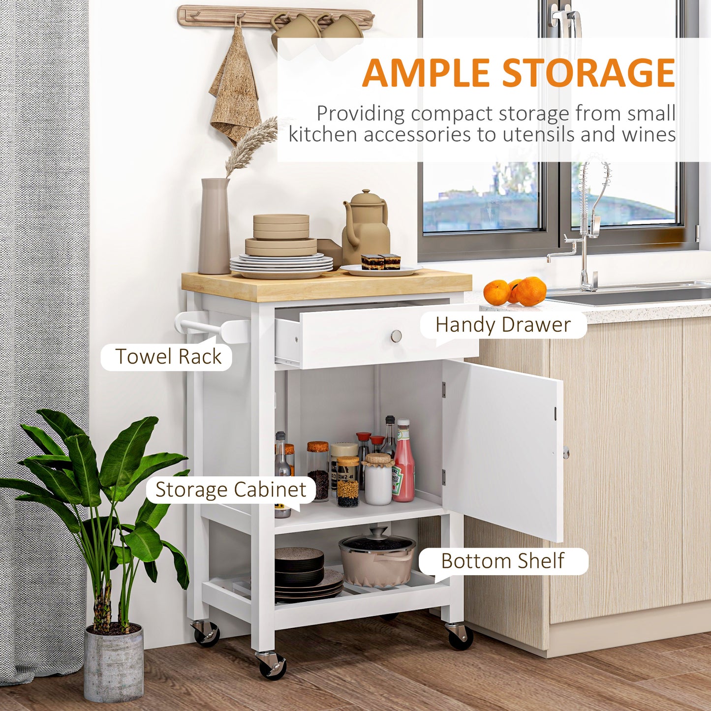 HOMCOM Rolling Kitchen Island Cart With Wood Top, White