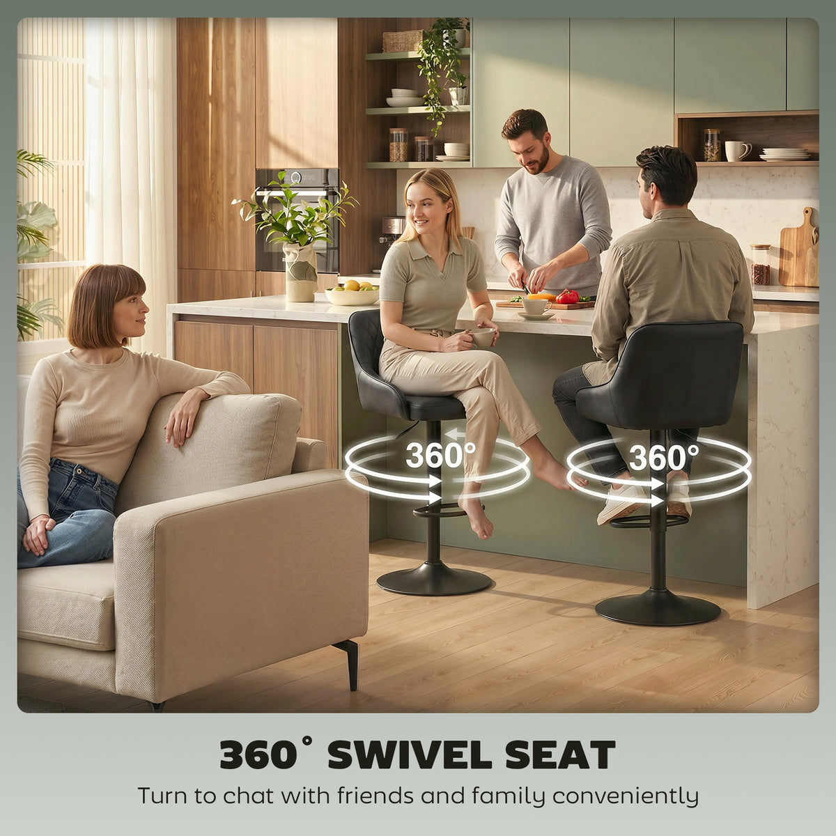 Diamond-Quilted Adjustable Swivel Kitchen Bar Stools with Backrest, Set of 2, Black