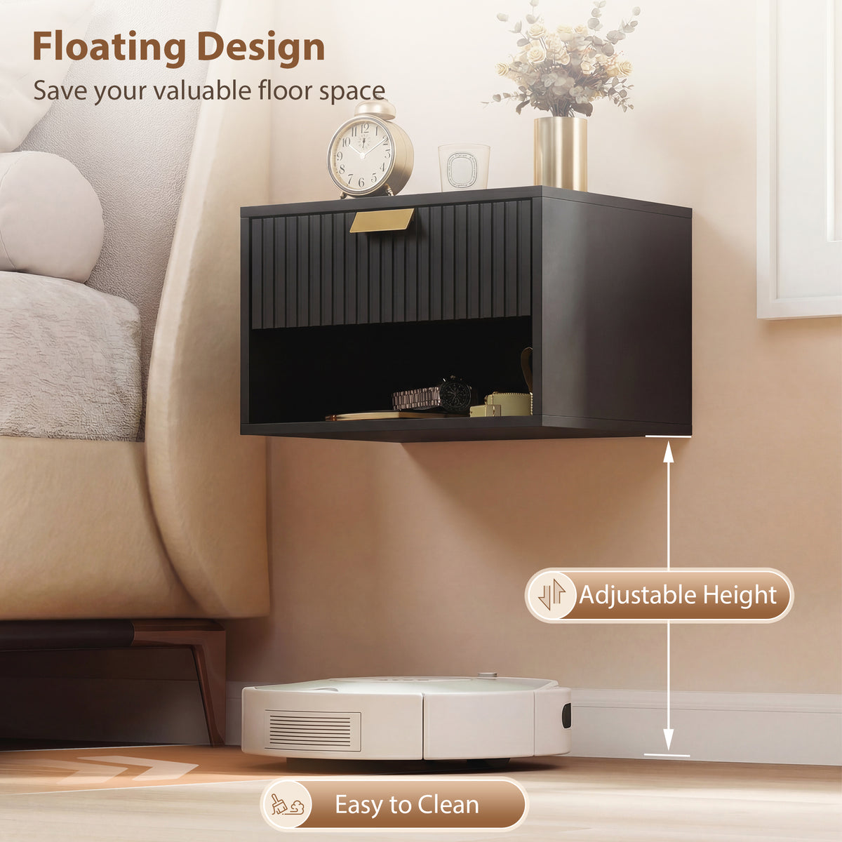 Floating Nightstands with Fluted Drawer, Set of 2 – 16"W x 10"H
