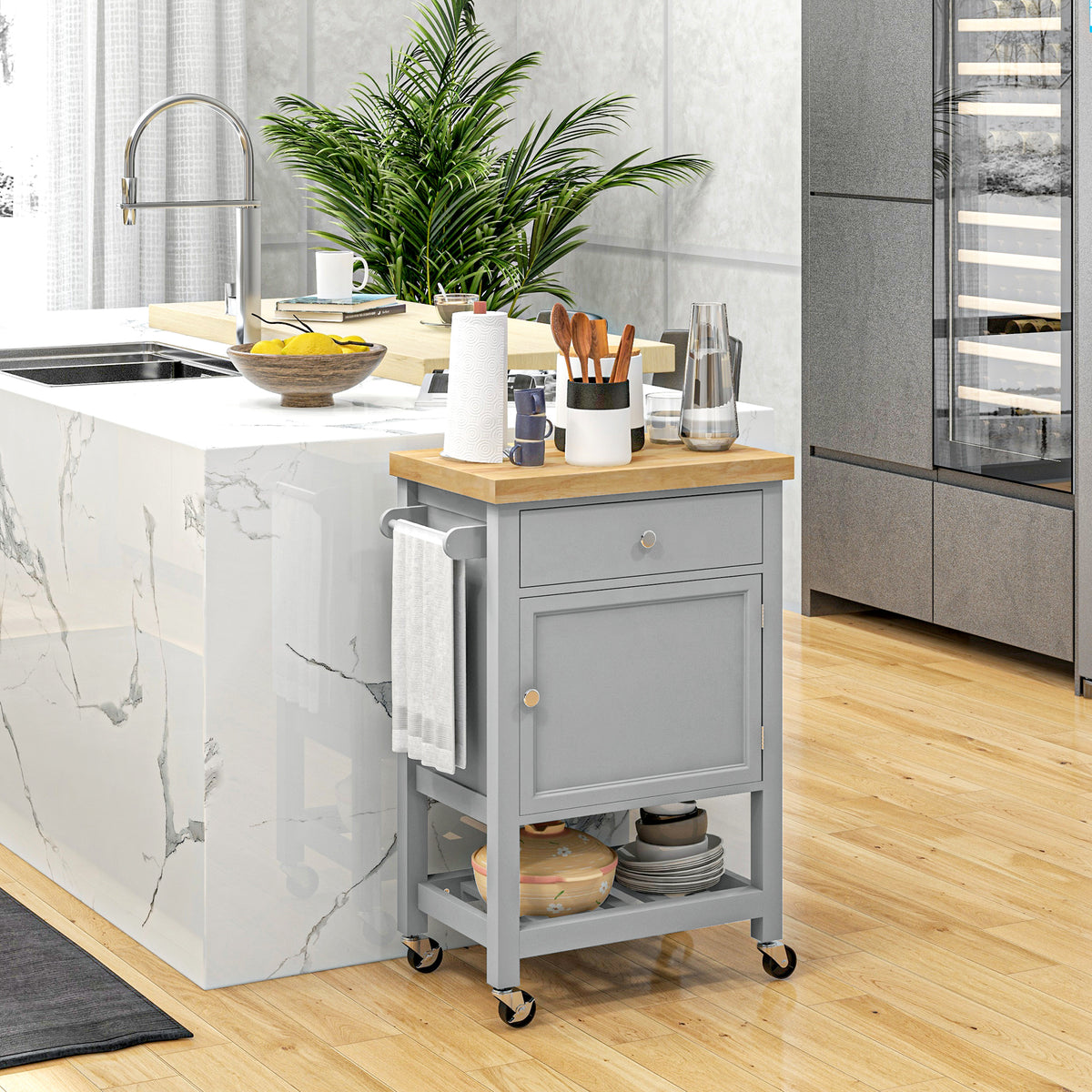 Rolling Kitchen Cart with Wood Top – 25"W x 35"H