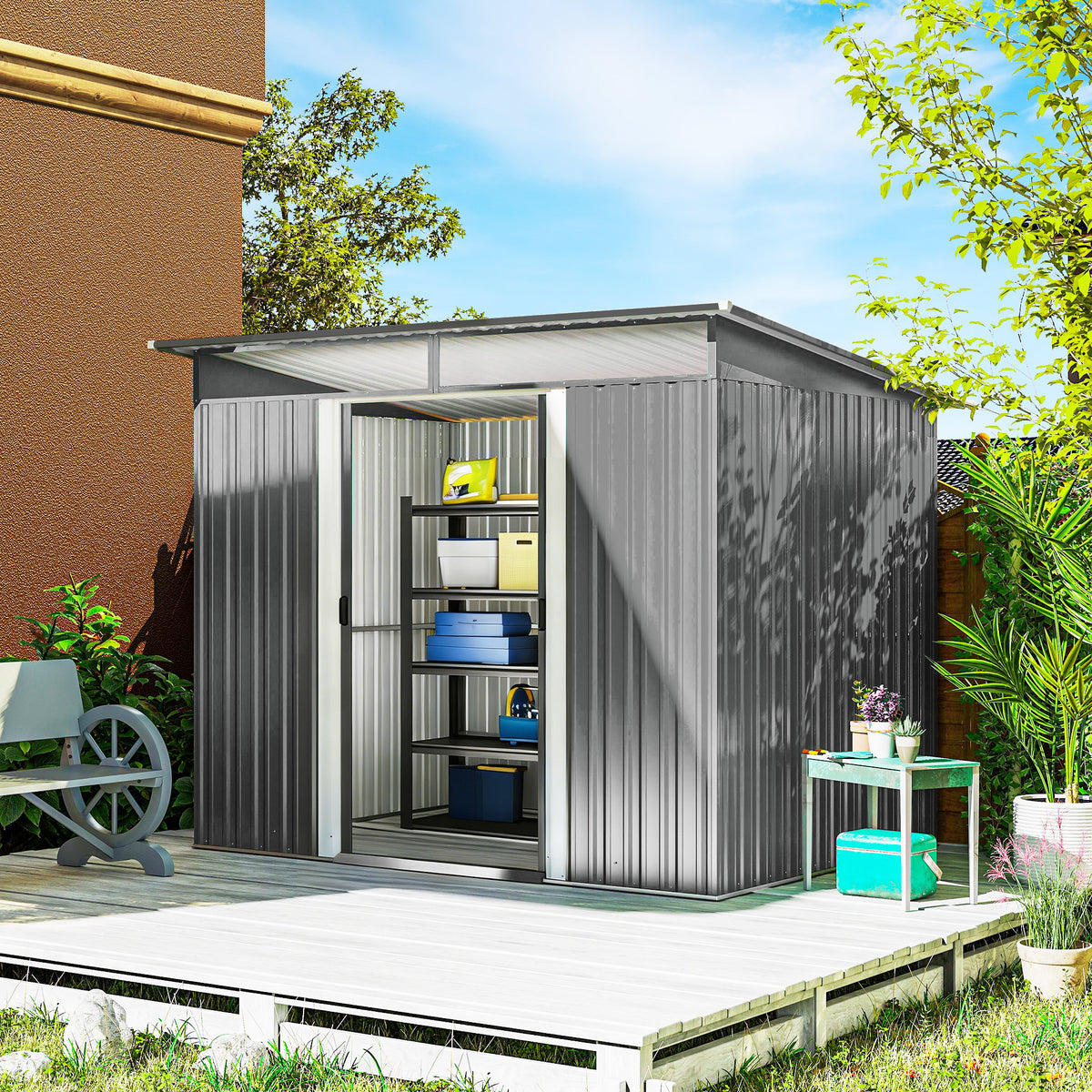 9' x 6.5' Outdoor Metal Storage Shed Utility Tool Storage House w/ Double Sliding Doors for Garden