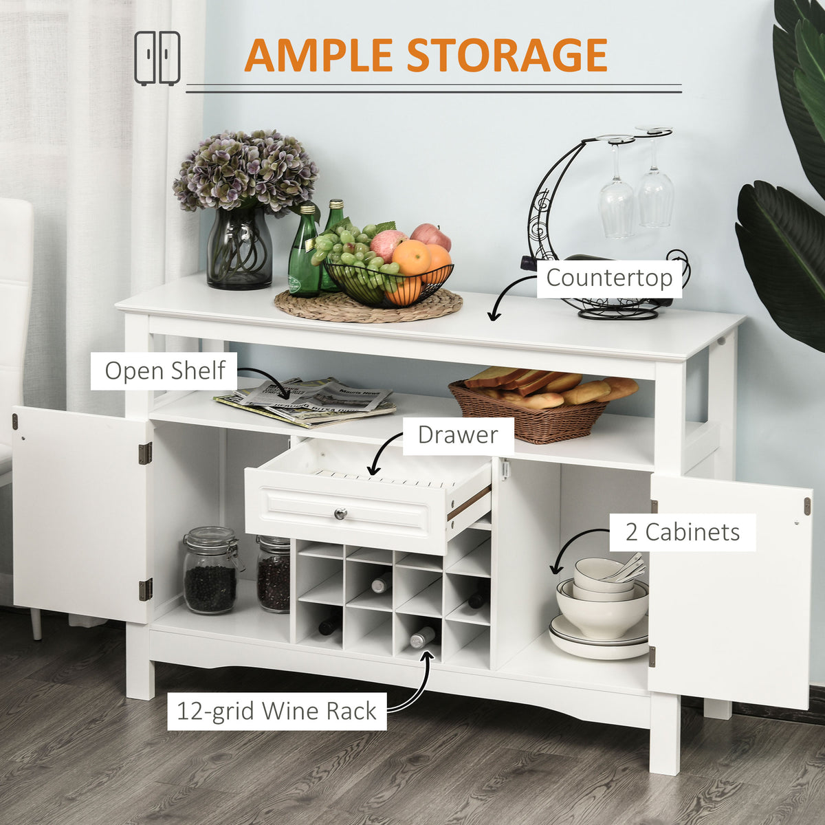 Buffet Bar Cabinet with Drawer and 12-Bottle Wine Rack – 46"W x 33"H