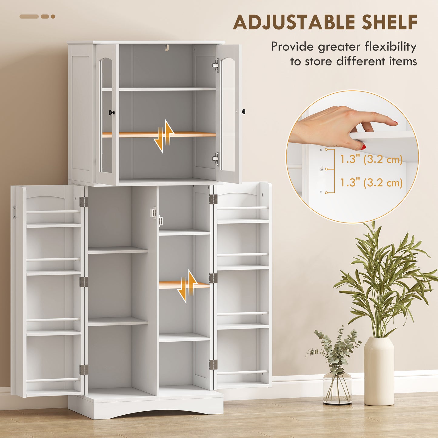 HOMCOM Kitchen Pantry Cabinet Soft‑Close Acrylic Doors, White, 64" Tall