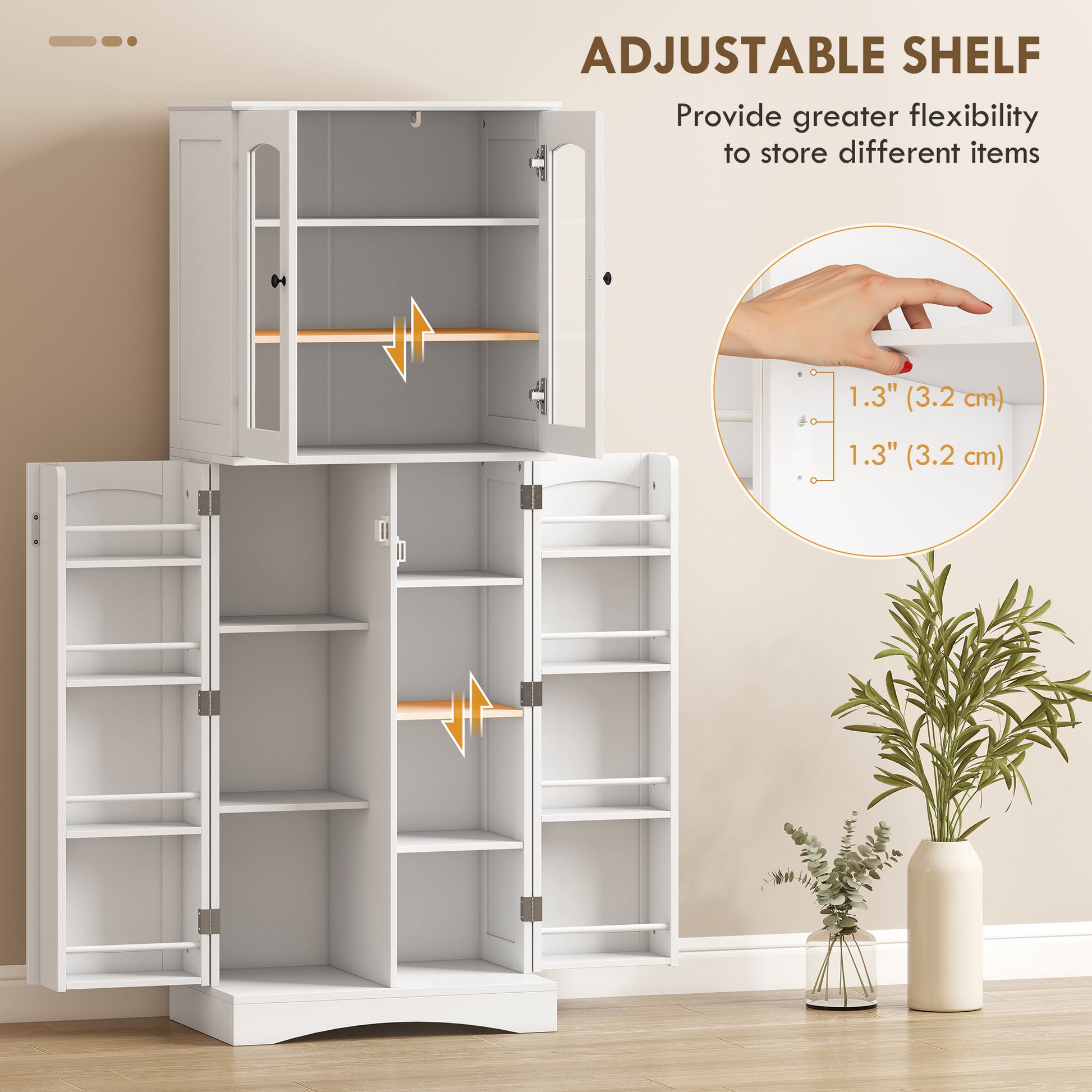 HOMCOM Kitchen Pantry Cabinet Soft‑Close Acrylic Doors, White, 64" Tall