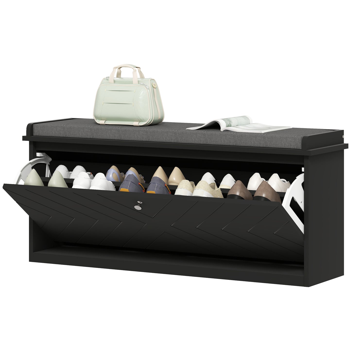 HOMCOM Upholstered Hallway Shoe Bench with Flip Drawer, Adjustable Storage Shelf