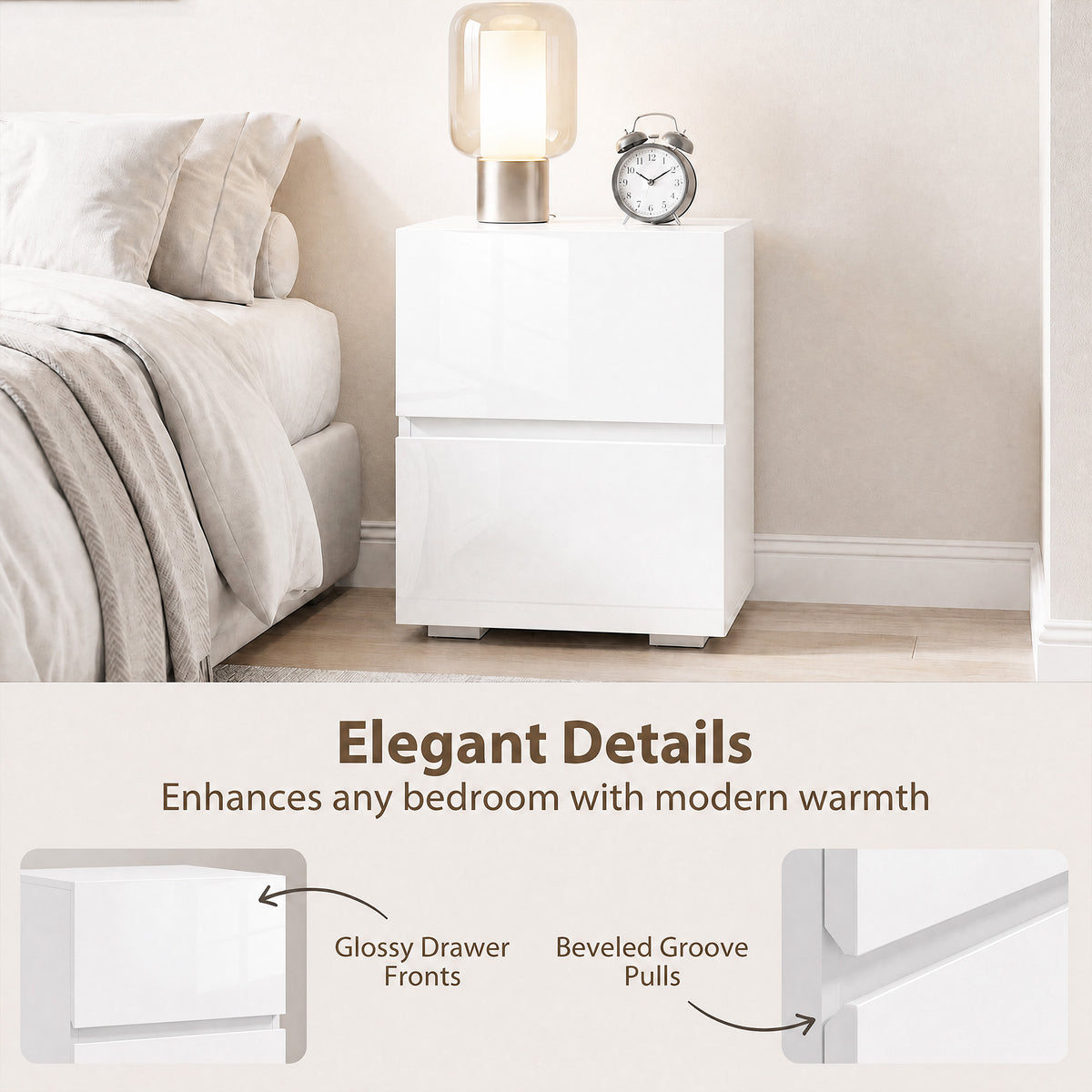 High Gloss 2-Drawer Nightstands, Set of 2 – 16"W x 23"H