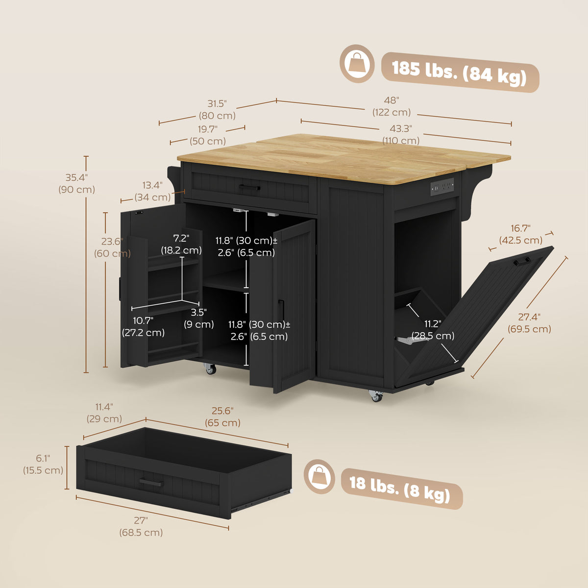 Kitchen Island Cart with Charging Station – 48"W x 35"H