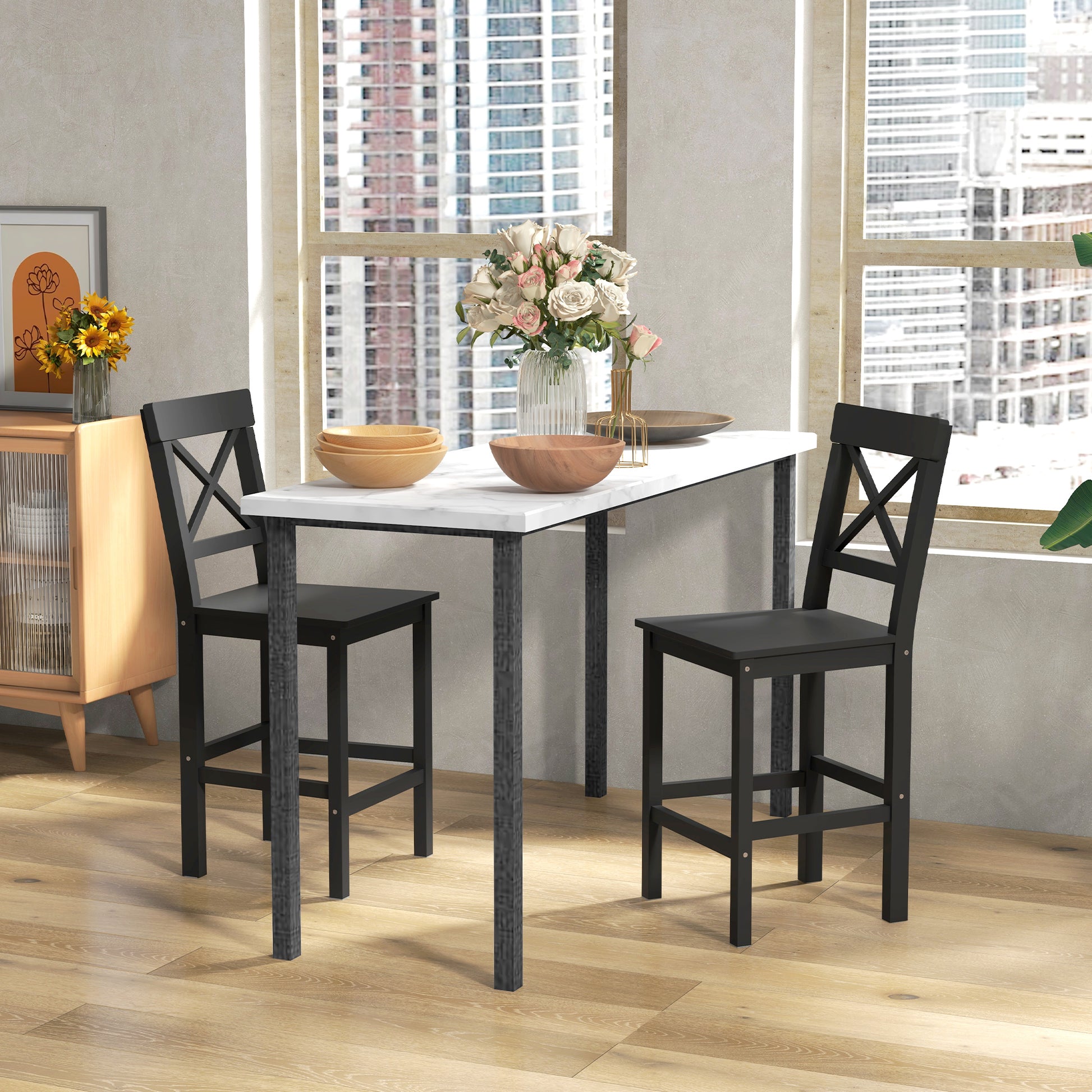 HOMCOM Farmhouse Counter Height Bar Stools Set, Solid Wood Backs, 2-Pack