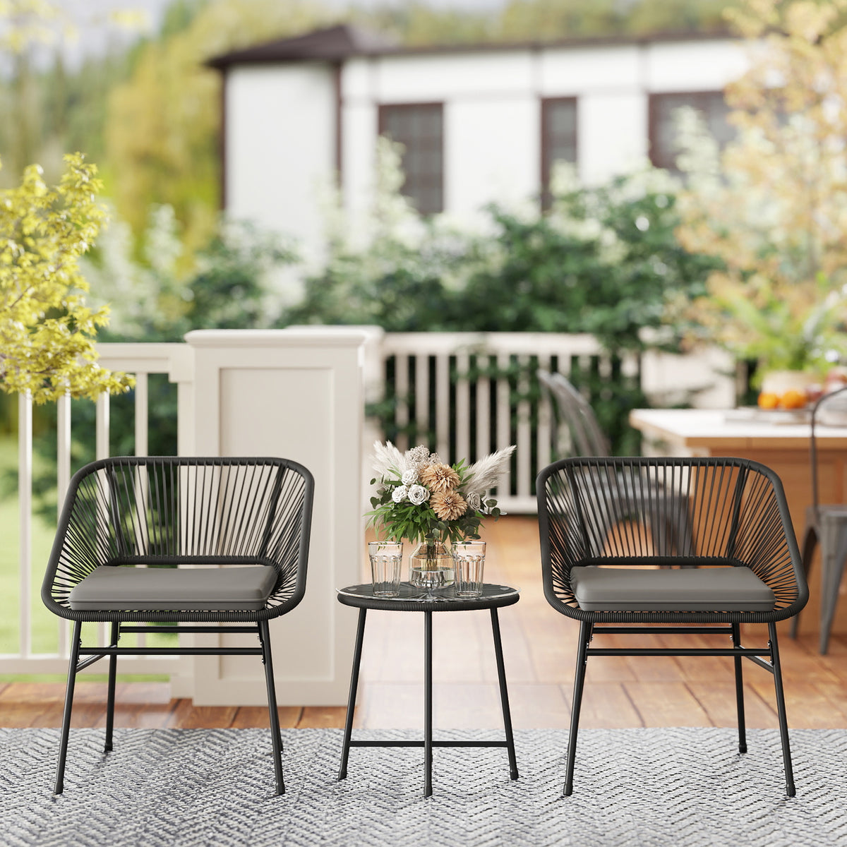 3 Piece Bistro Set, Wicker Outdoor Patio Furniture Set with Glass Top Table, Cushions for Balcony, Porch