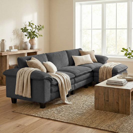 Deep-Seat L-Shaped Sectional with Movable Ottoman – Dark Grey